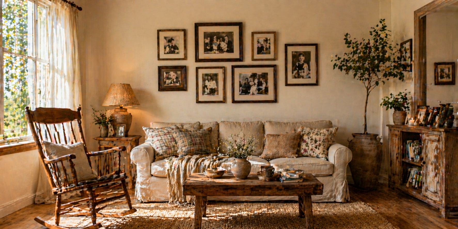a minimal Living room with an rocking chair, framed family photos, a vintage lamp, and a warm nostalgic atmosphere