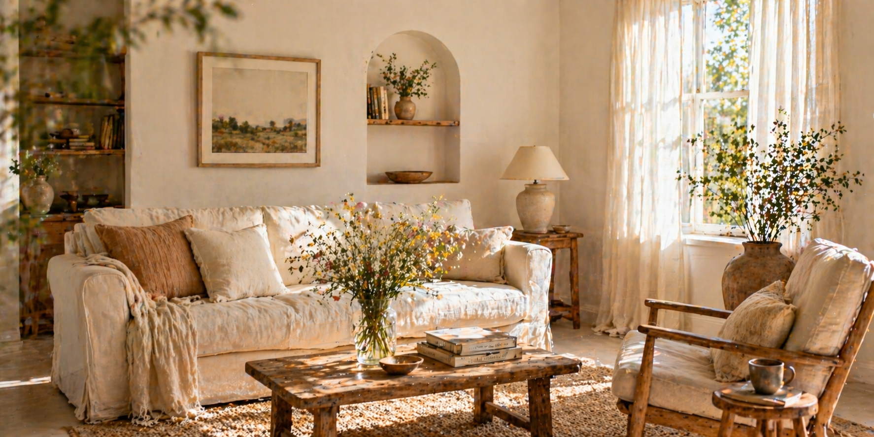 Cottagecore living room with vase of fresh wildflowers on coffee table, soft sunlight, wooden textures, and airy linen curtains