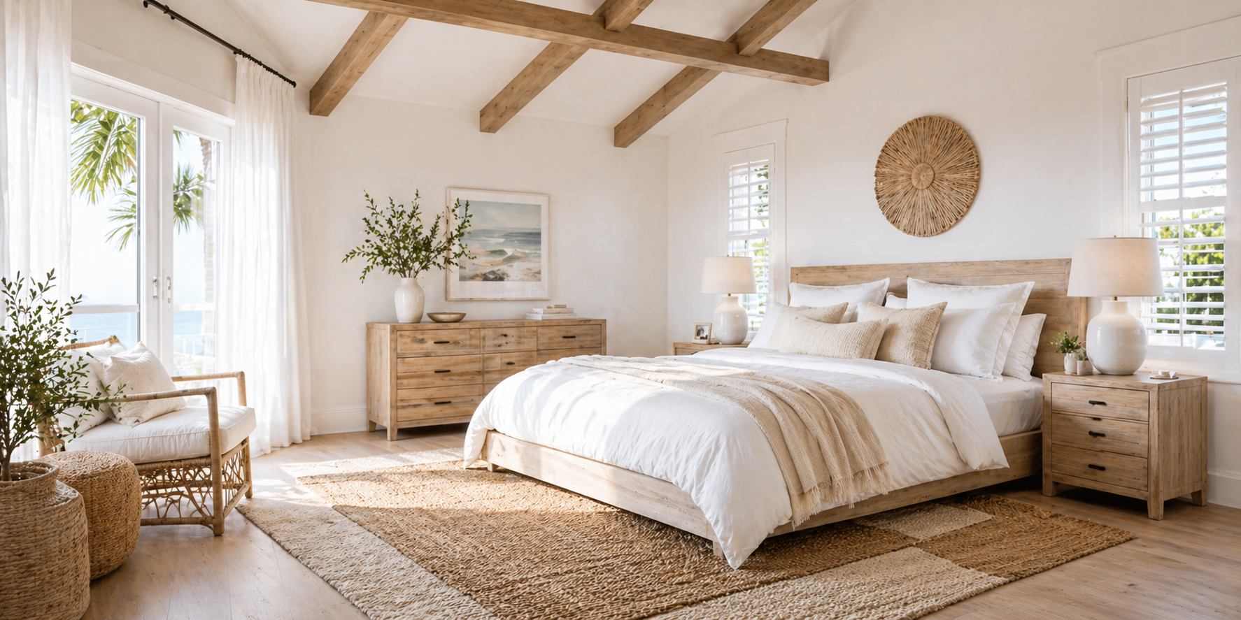 Coastal bedroom with layered jute rugs, white bed linens, wooden beams, and woven textures