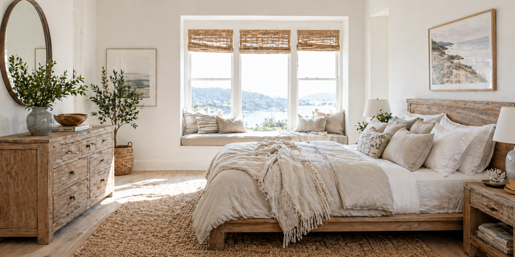 Bedroom with layered linen bedding in white and sand tones, rustic wooden bed, coastal decor accents, and soft daylight