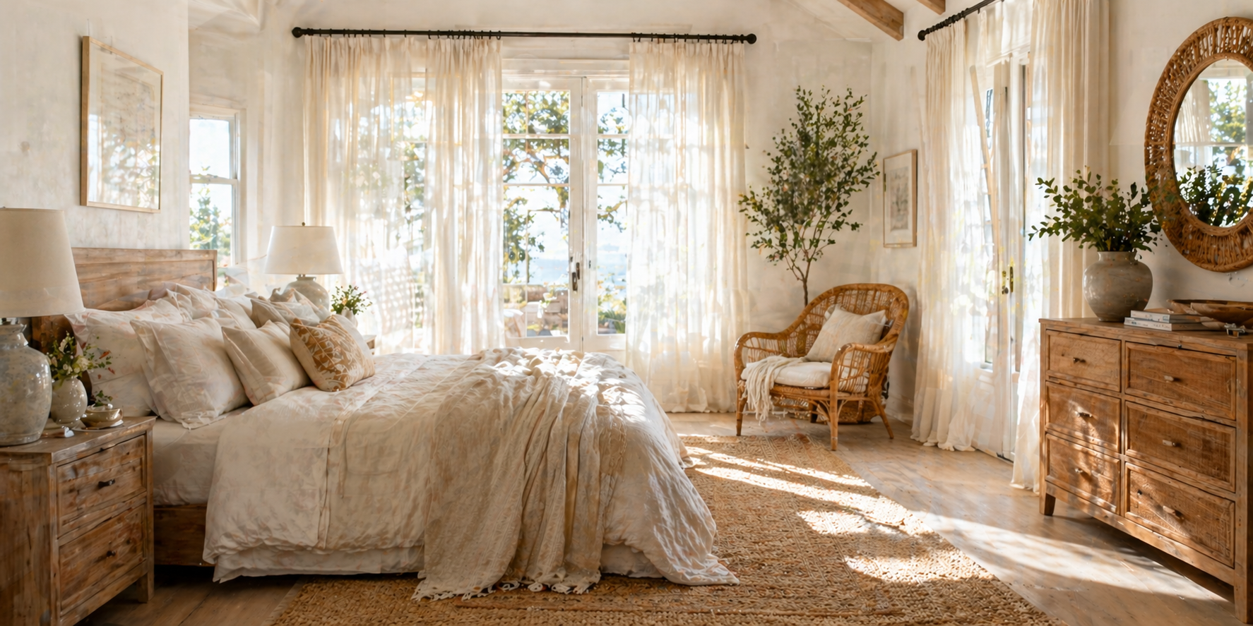 Bedroom with layered sheer curtains, whitewashed walls, rattan chair, and sunlight filtering softly