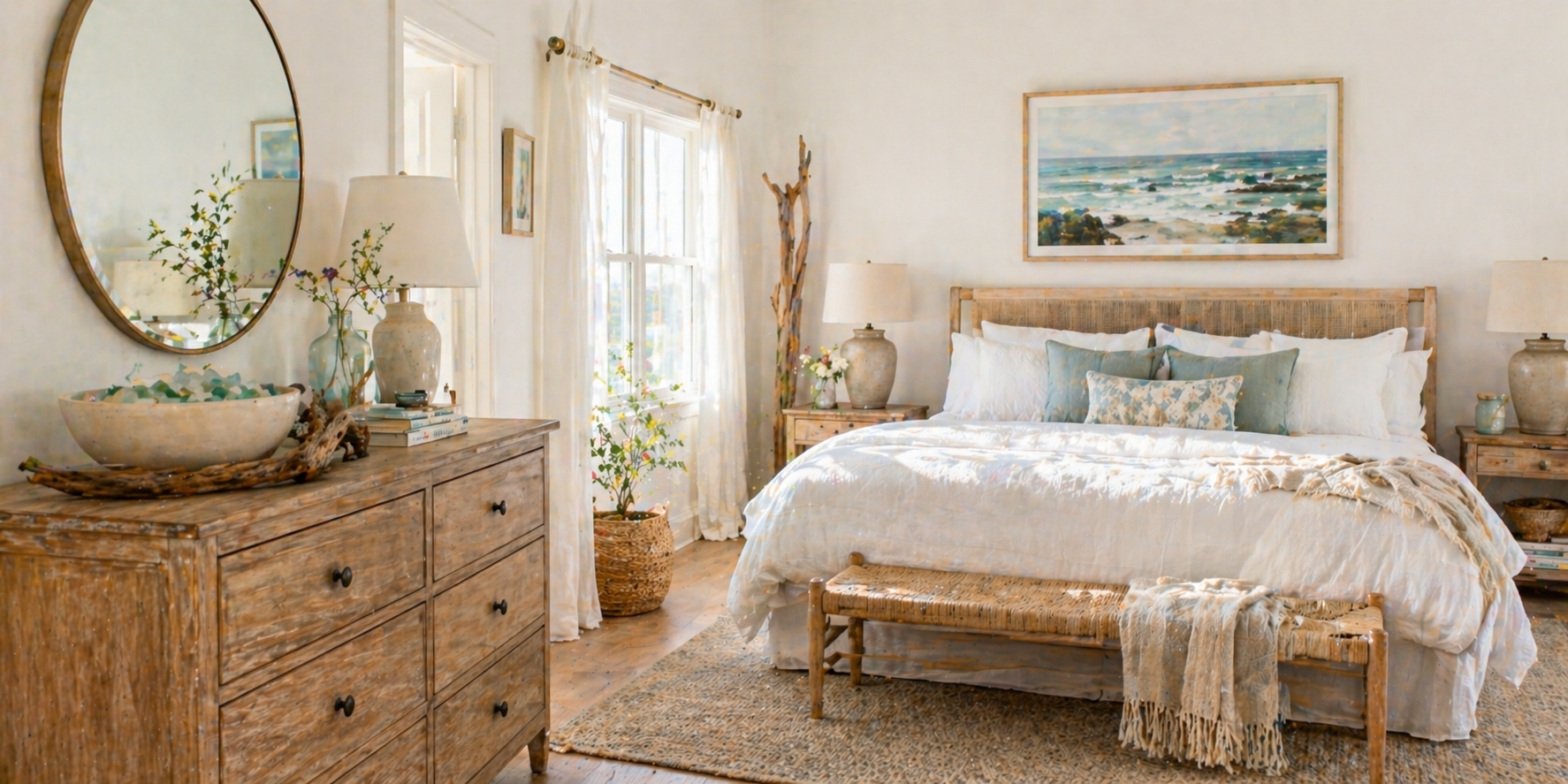 Bedroom with ceramic bowl of sea glass on dresser, driftwood accents, white bedding, and coastal wall art