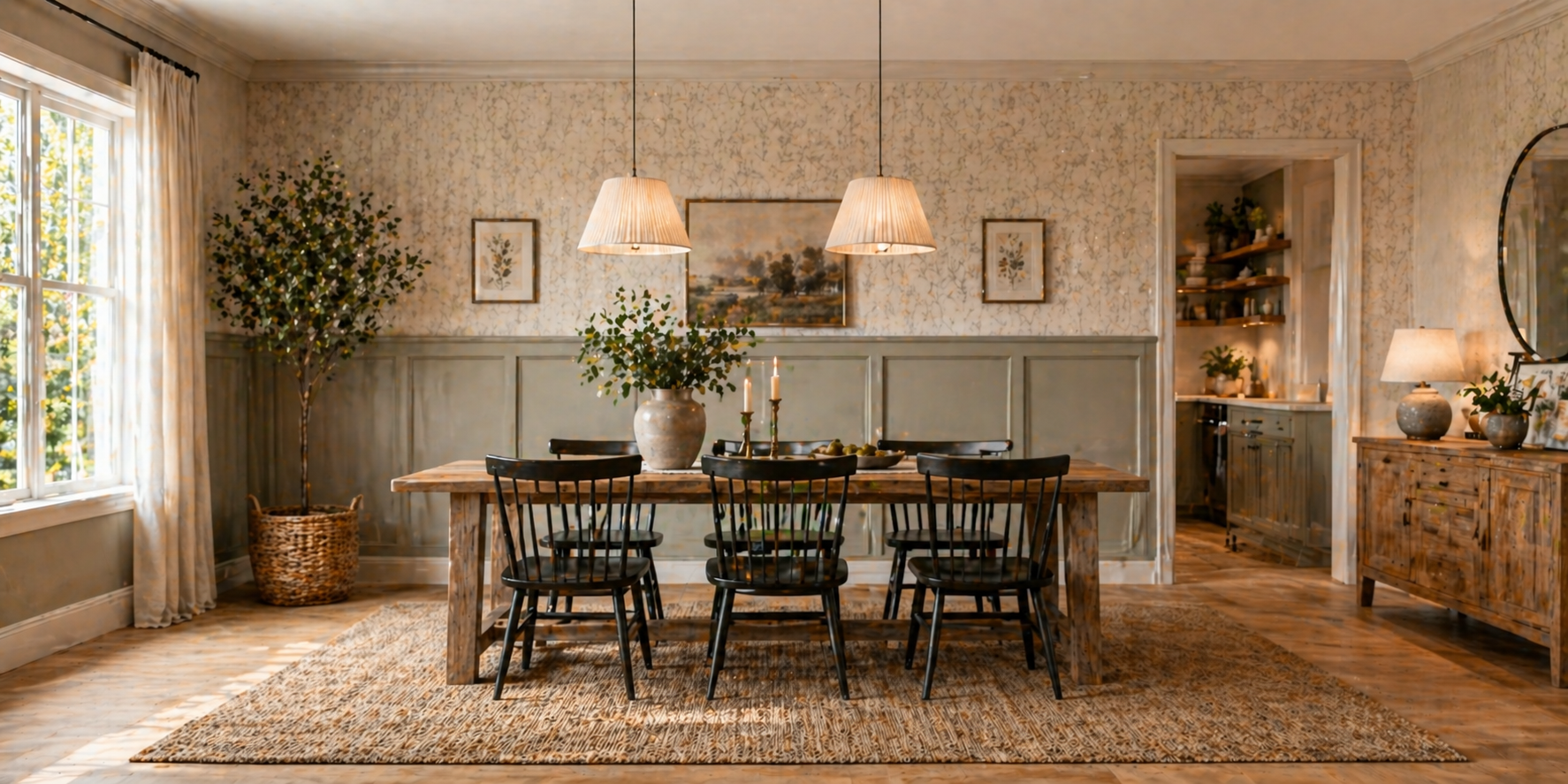 Dining room with half-wall paneling in soft gray, wallpaper above, wooden table