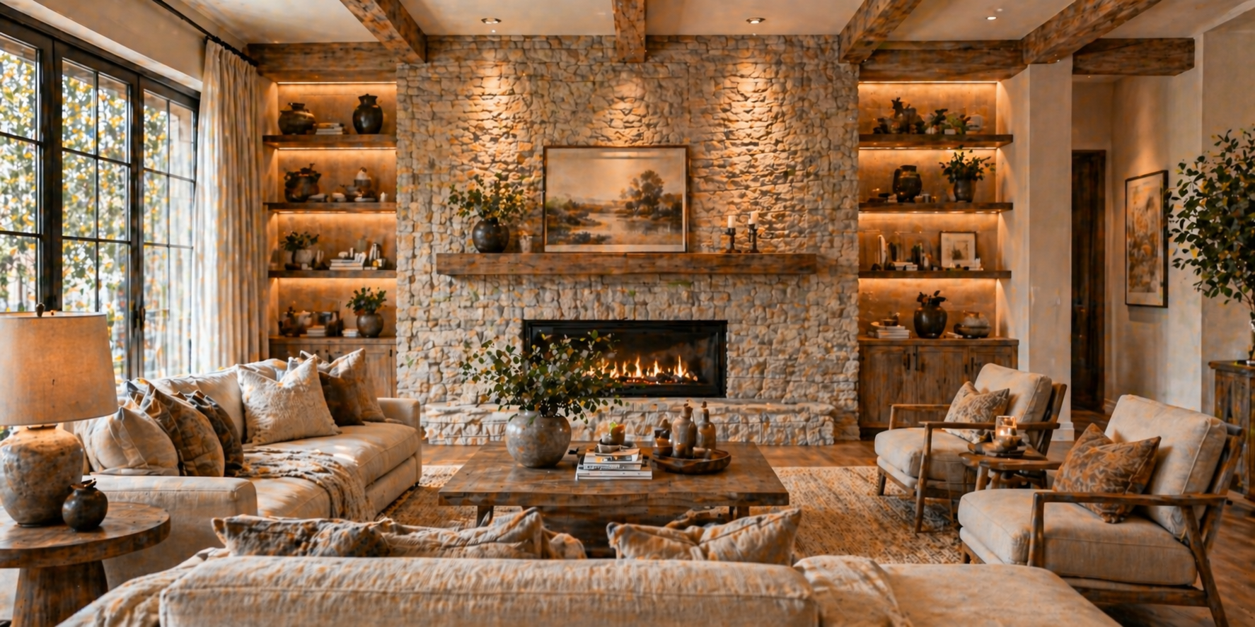 Living room with textured stone panel wall, wood beams, warm lighting, and soft furnishings, cozy ambiance