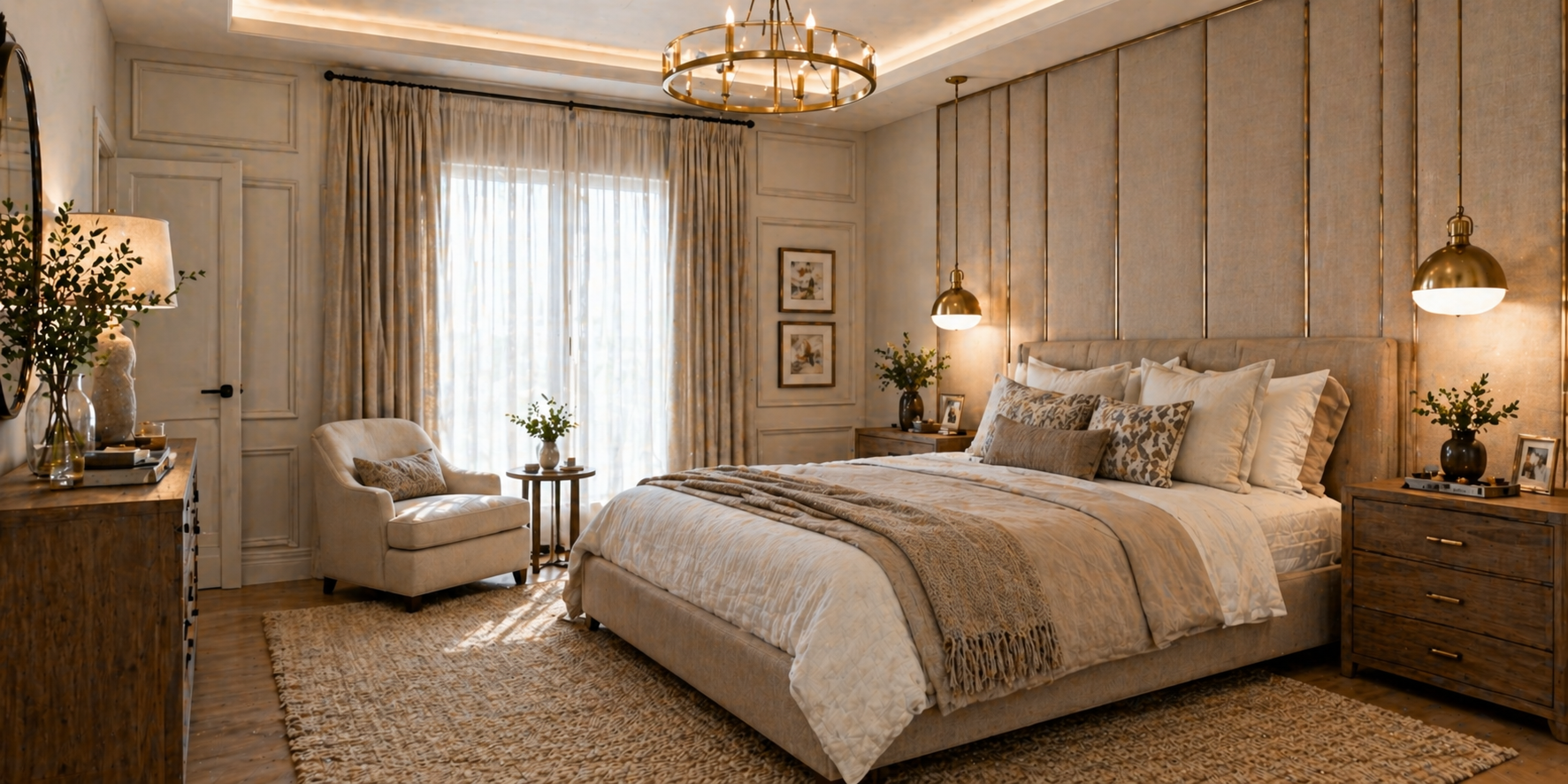 Bedroom with upholstered fabric wall panels in beige, brass lighting, wooden side tables, and plush bedding