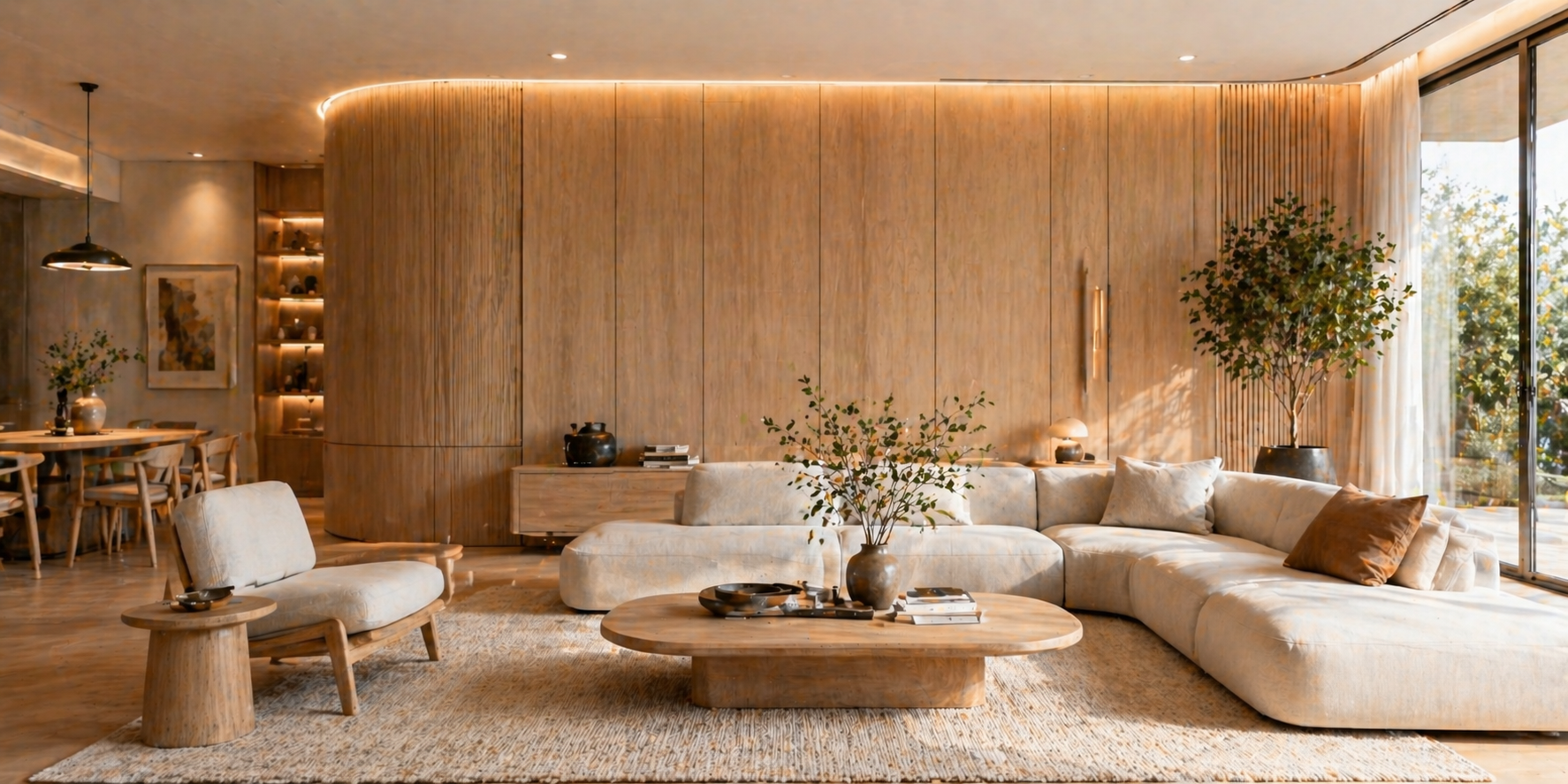 Modern interior with curved wall panels in light oak, minimalist furniture, warm lighting, and clean lines
