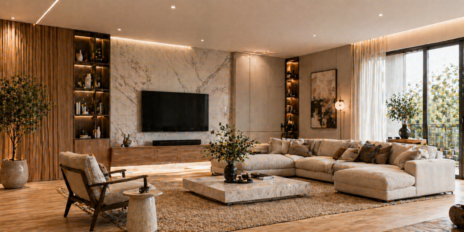 Contemporary living room with mixed wood, marble, and matte panels, warm lighting, and minimalist decor