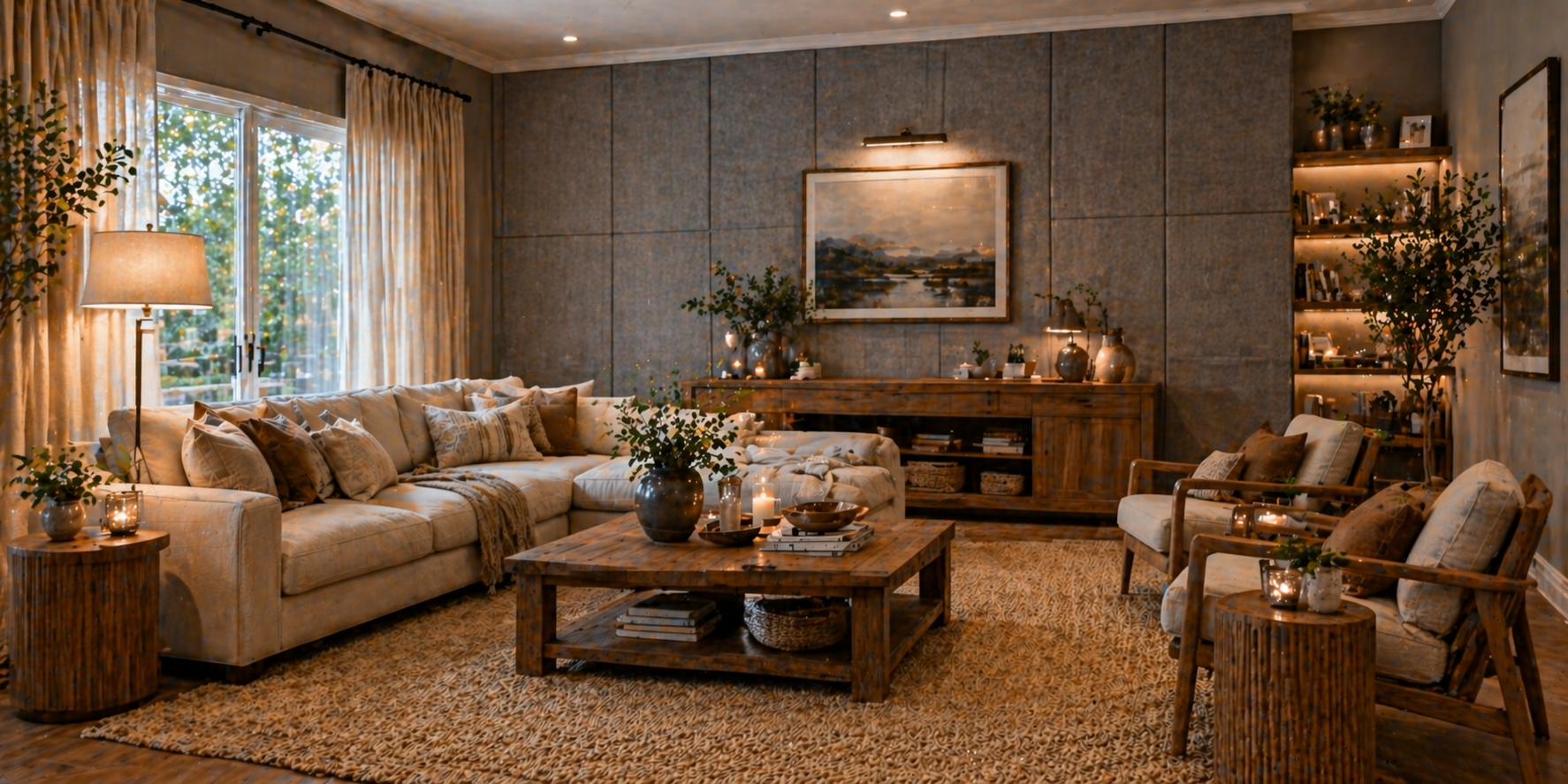 Cozy living room with acoustic felt panels in soft gray, wooden furniture, warm lighting, and layered decor