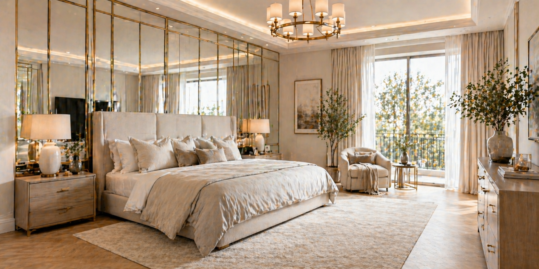 Bedroom with mirrored wall panels framed in brass, soft lighting, neutral bedding, and airy feel,