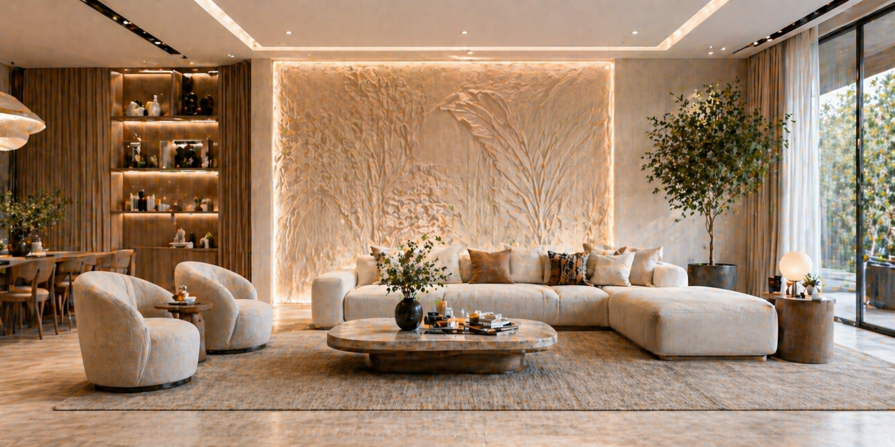 Modern living room with custom carved wall panel, integrated lighting, and minimalist furniture, artistic and elegant