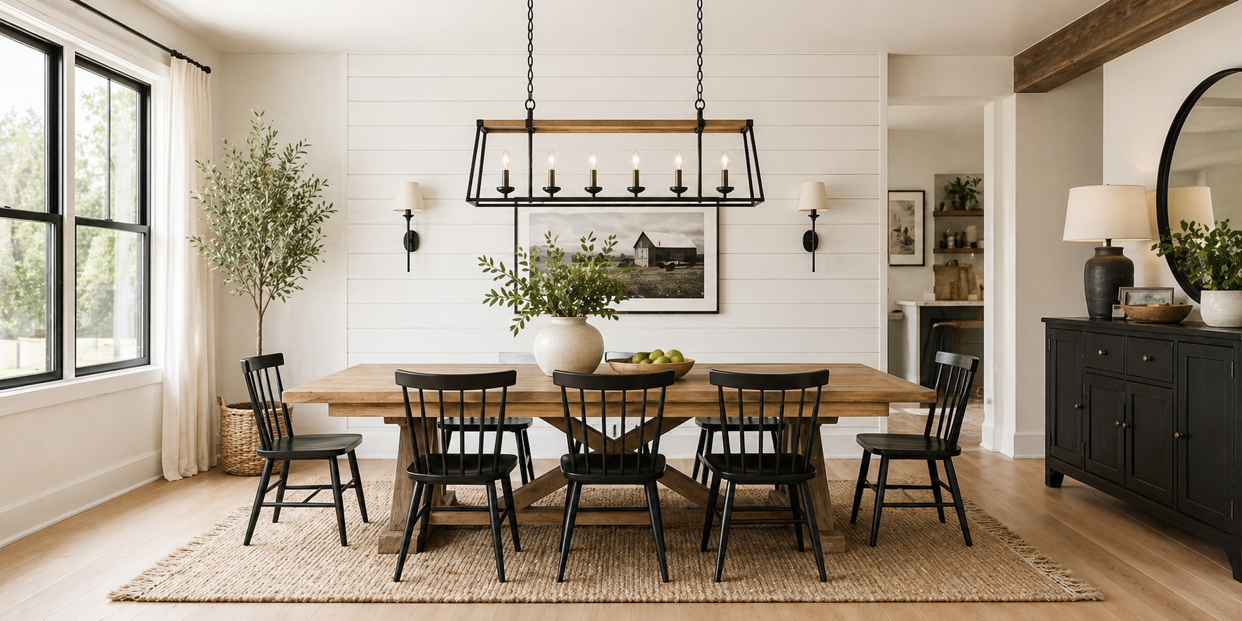 Dining table under modern farmhouse chandelier—black metal and wood combination—neutral decor