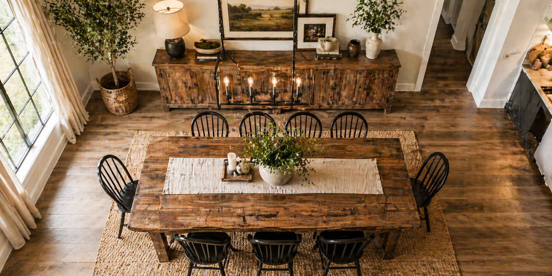 Dining room with reclaimed wood buffet table, ceramic vases, framed art, and ambient lighting, modern rustic feel