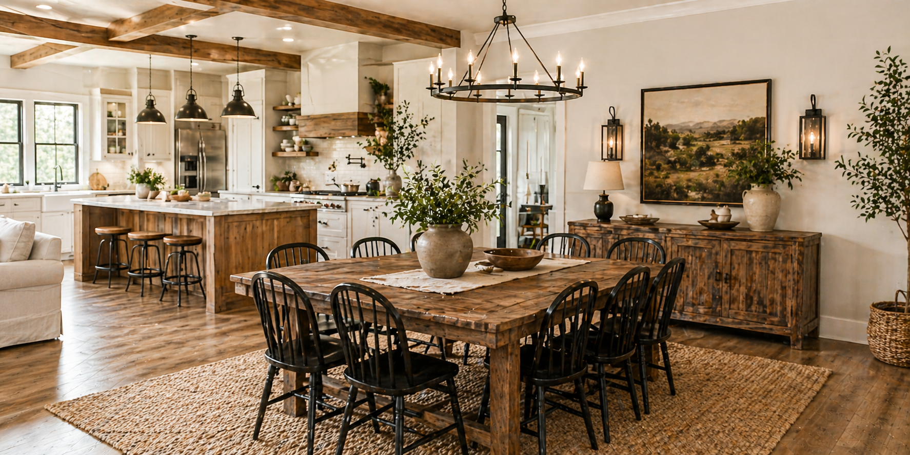 Dining room with wooden table, glass vase of olive branches, rattan chairs, and bright natural light