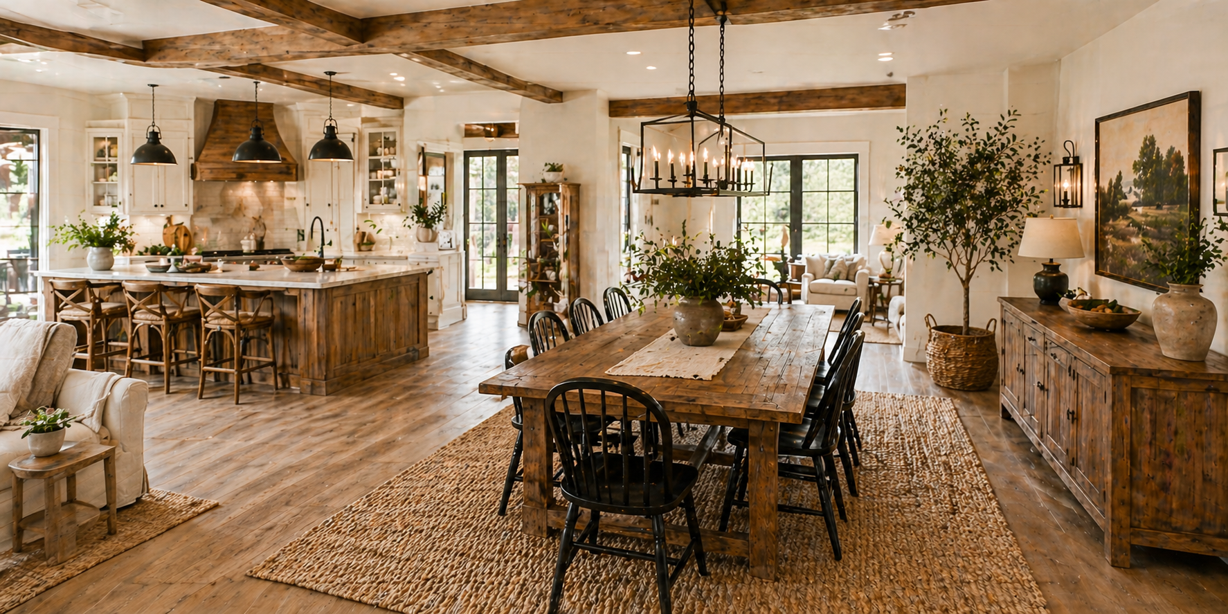 Open-concept kitchen and dining room with shared wood tones, pendant lighting, and large farmhouse table