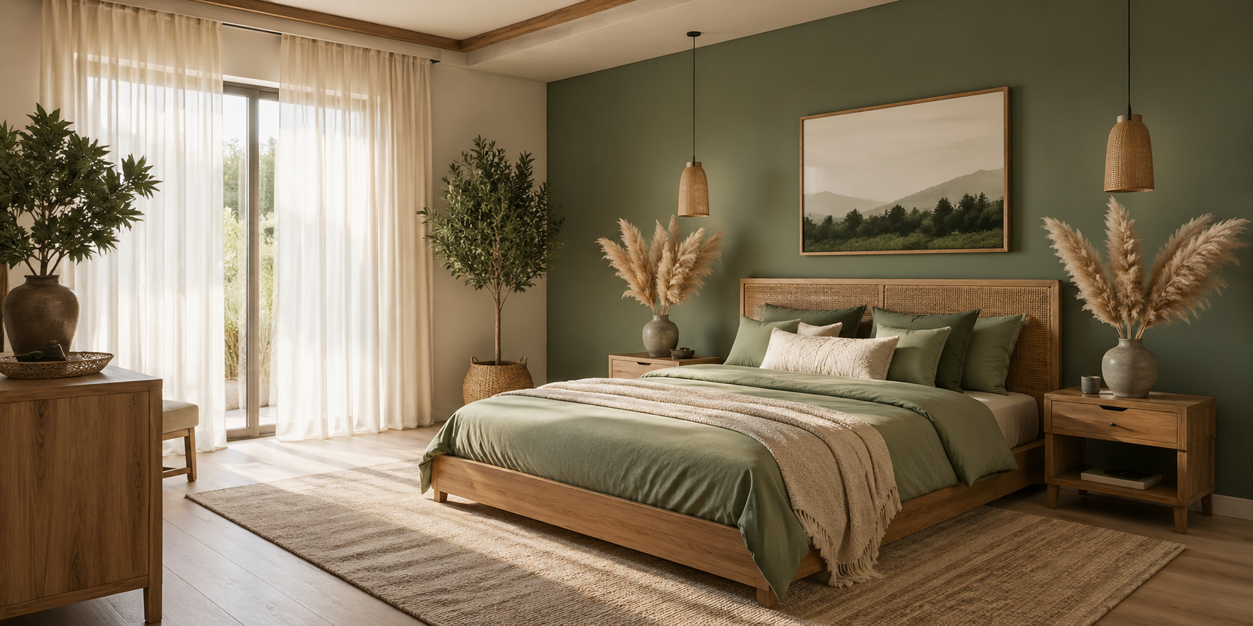 Image Prompt: Bedroom with dried pampas grass in ceramic vase, white bedding, natural wood decor, and sunlight filtering through sheer curtains