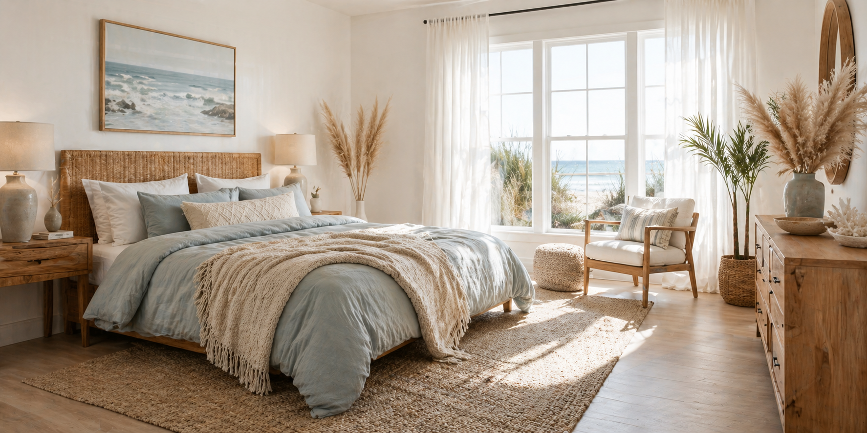 Bedroom with layered linen and knitted throws, woven rug, coastal decor, and sunlight filtering softly