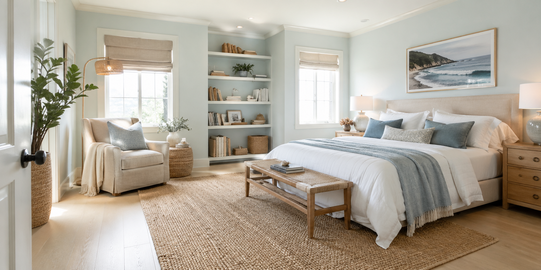 Bedroom reading corner with linen armchair, rattan lamp, woven rug, and coastal color palette