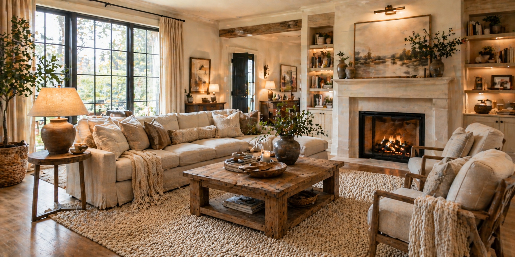 Cozy living room with layered neutral tones, linen sofa, wool rug, wooden coffee table