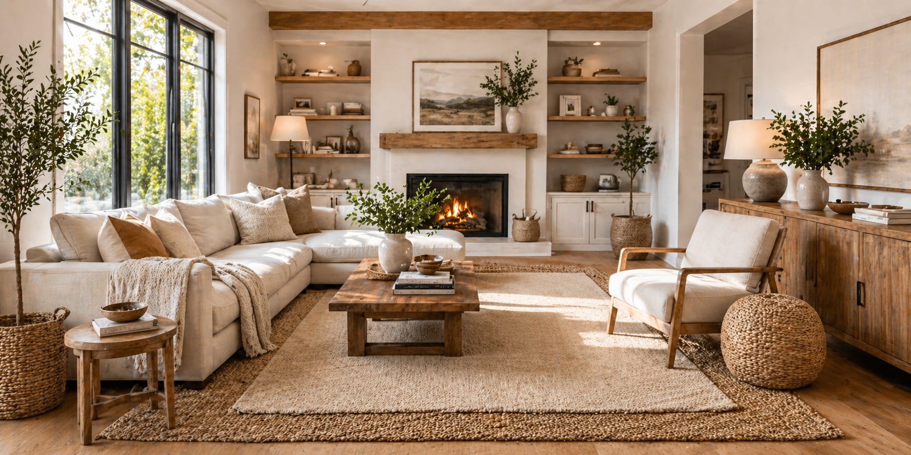 Cozy living space with layered rugs—jute base and wool top rug, neutral colors, wooden floor, soft lighting