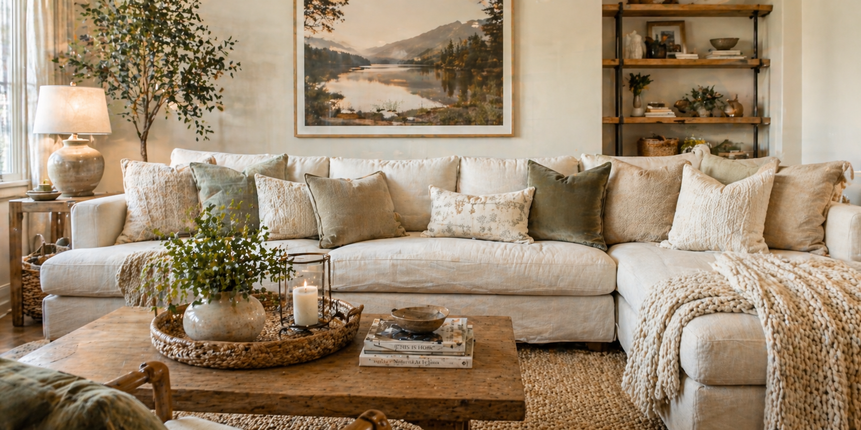 Cozy sofa with layered throw pillows in linen, velvet, and knit fabrics, soft neutral tones