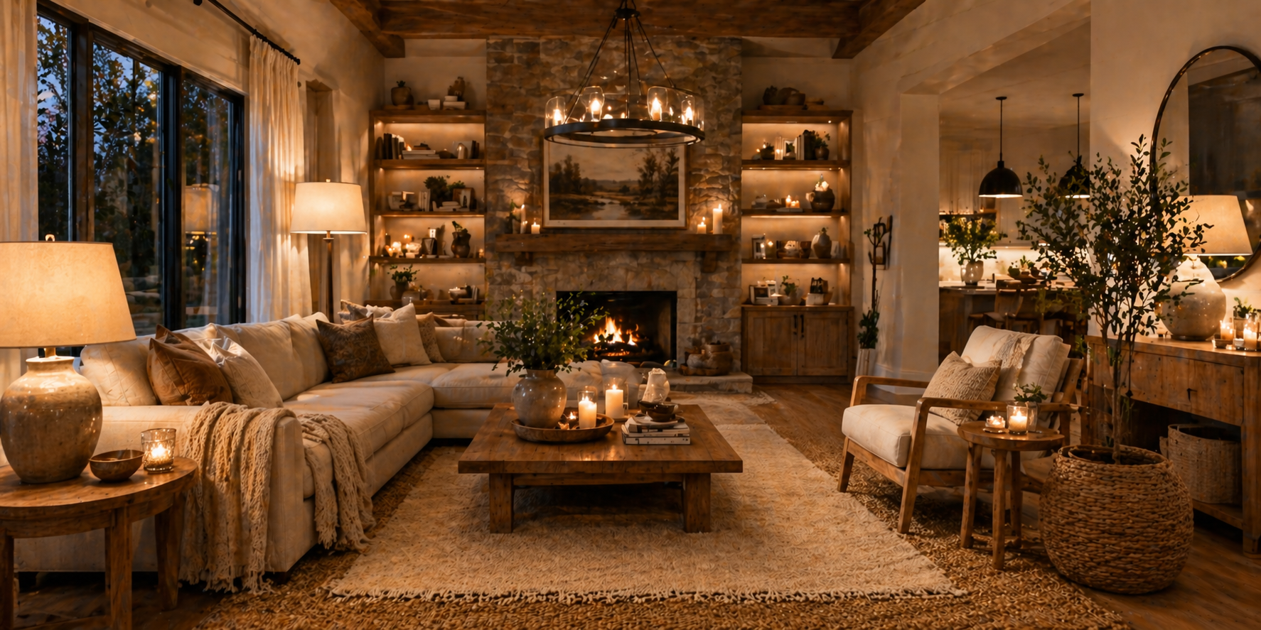 Living room with layered lighting—floor lamp, pendant light, and candles, cozy ambiance, wood accents