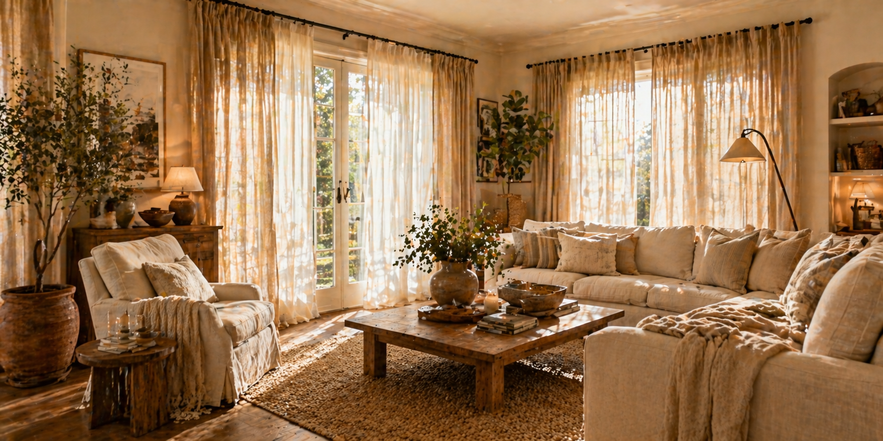 Room with layered linen and cotton curtains, soft filtered light, cozy furnishings, and warm tones