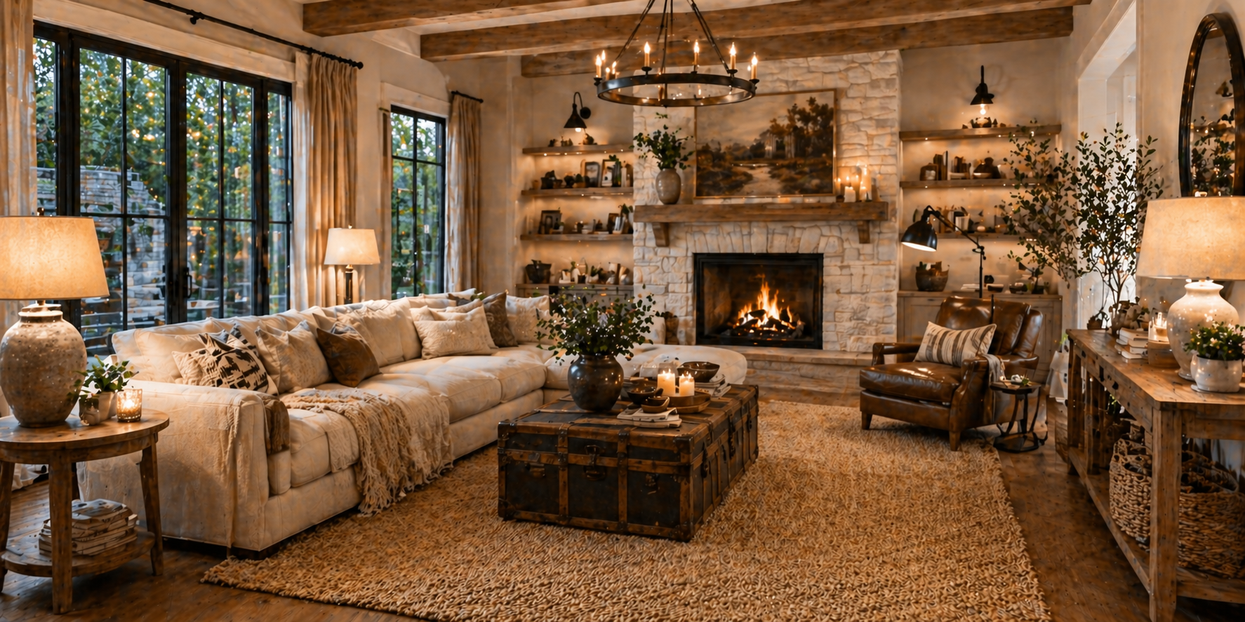Living room with modern sofa, vintage trunk coffee table, woven rug, and layered lighting, rustic-modern mix