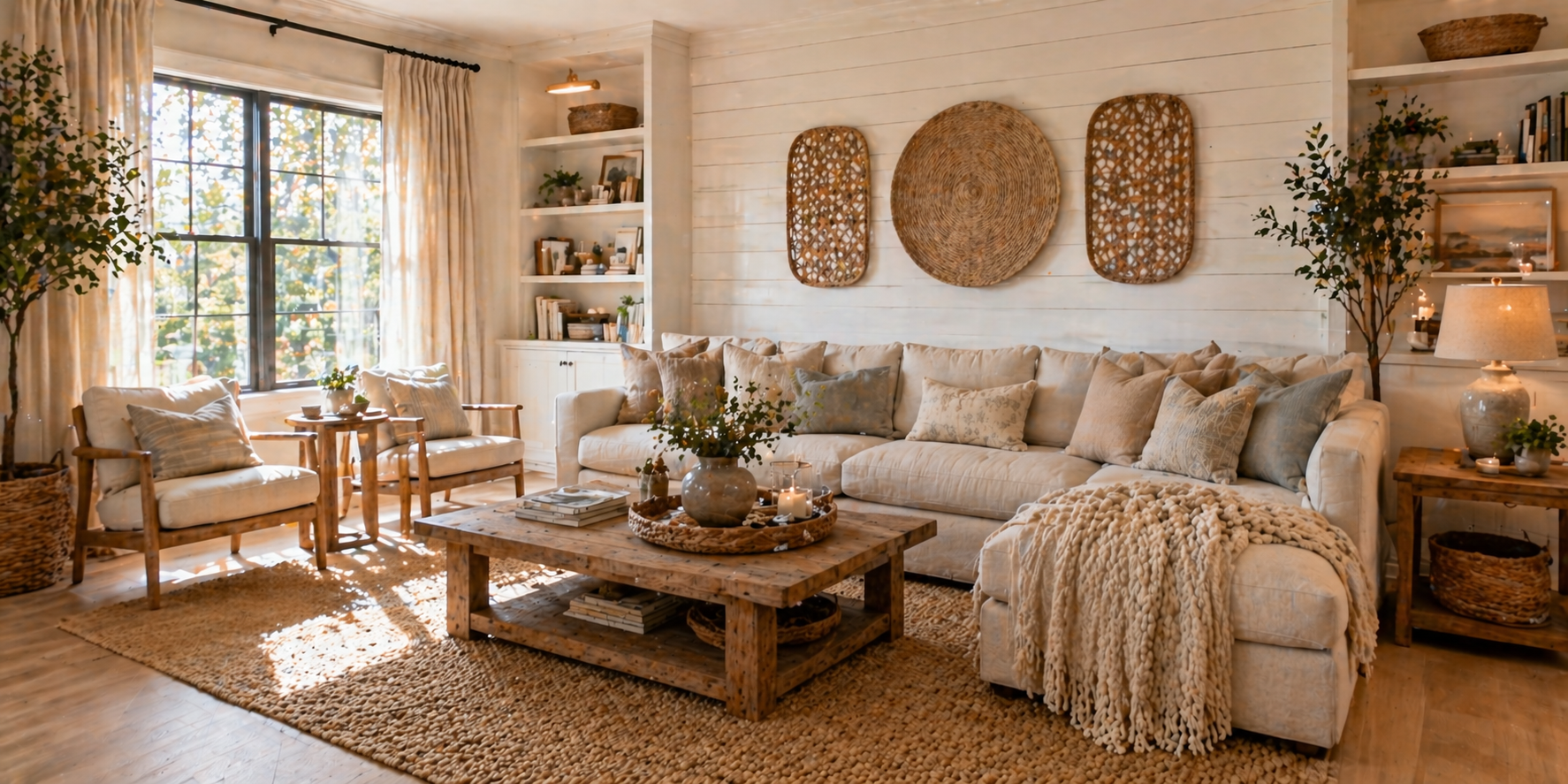 Cozy living room with shiplap accent wall, woven wall art, linen sofa, and wood coffee table