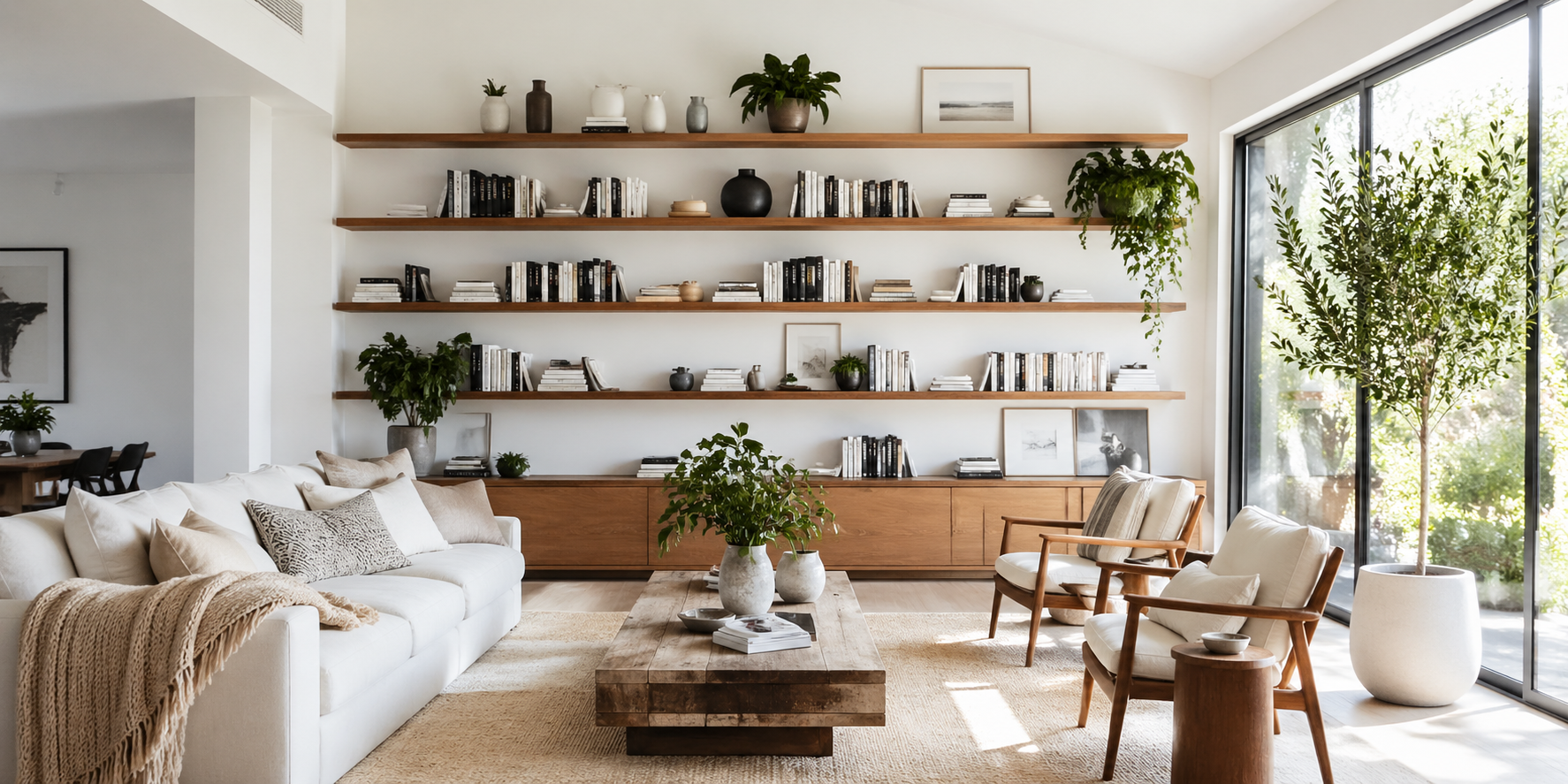  Room with open and nice book shelves, stacked books, potted plants, and neutral decor, bright daylight