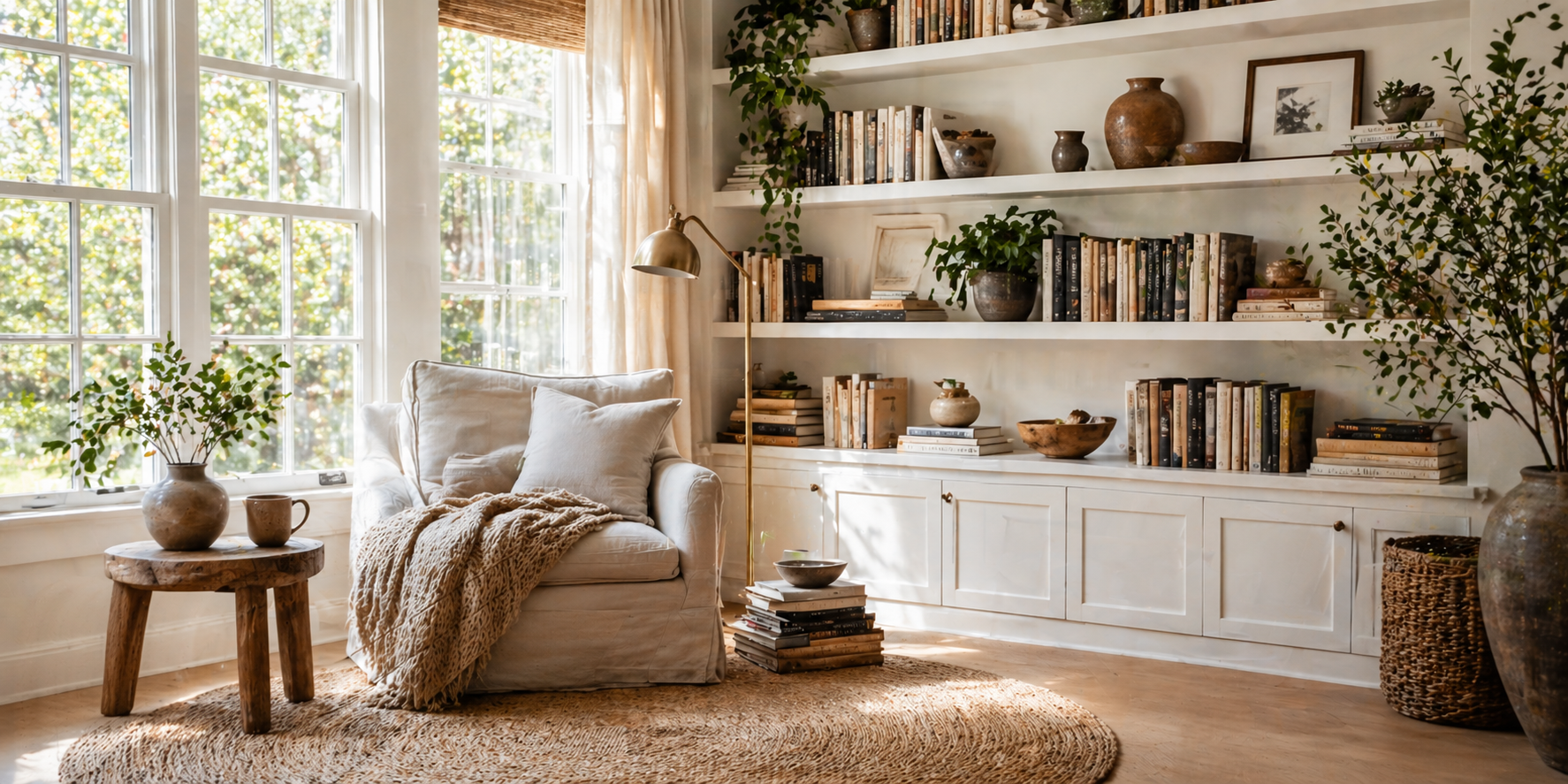 Reading nook by window, linen armchair, knitted throw, woven rug, and books stacked beside, soft sunlight