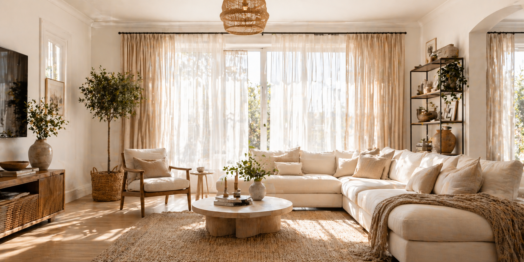 Living room with double-layer curtains—linen and sheer—soft neutral tones, natural light, cozy atmosphere