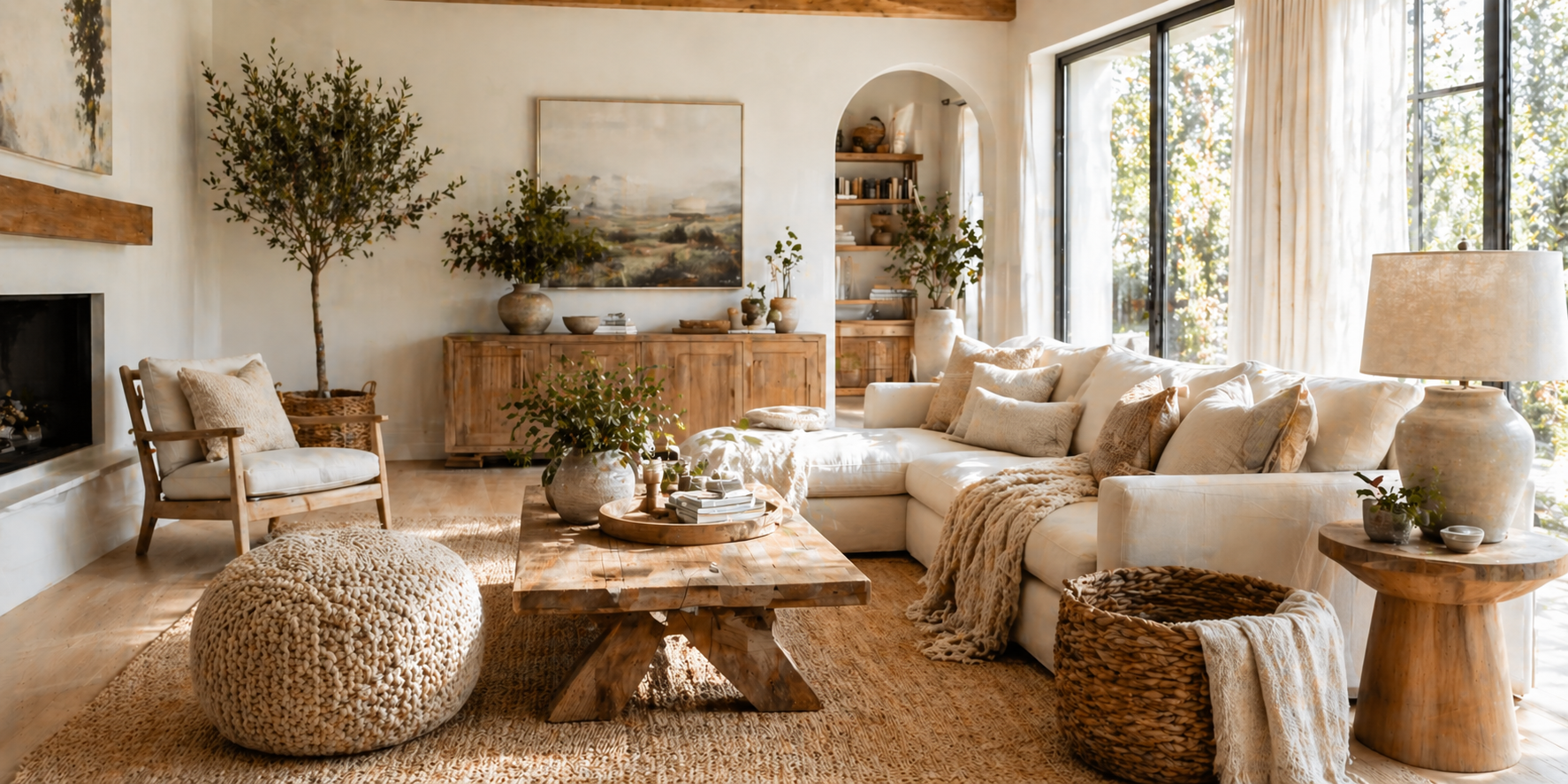 Cozy room with framed family photos, handmade pottery on shelves, woven textures, and candlelight