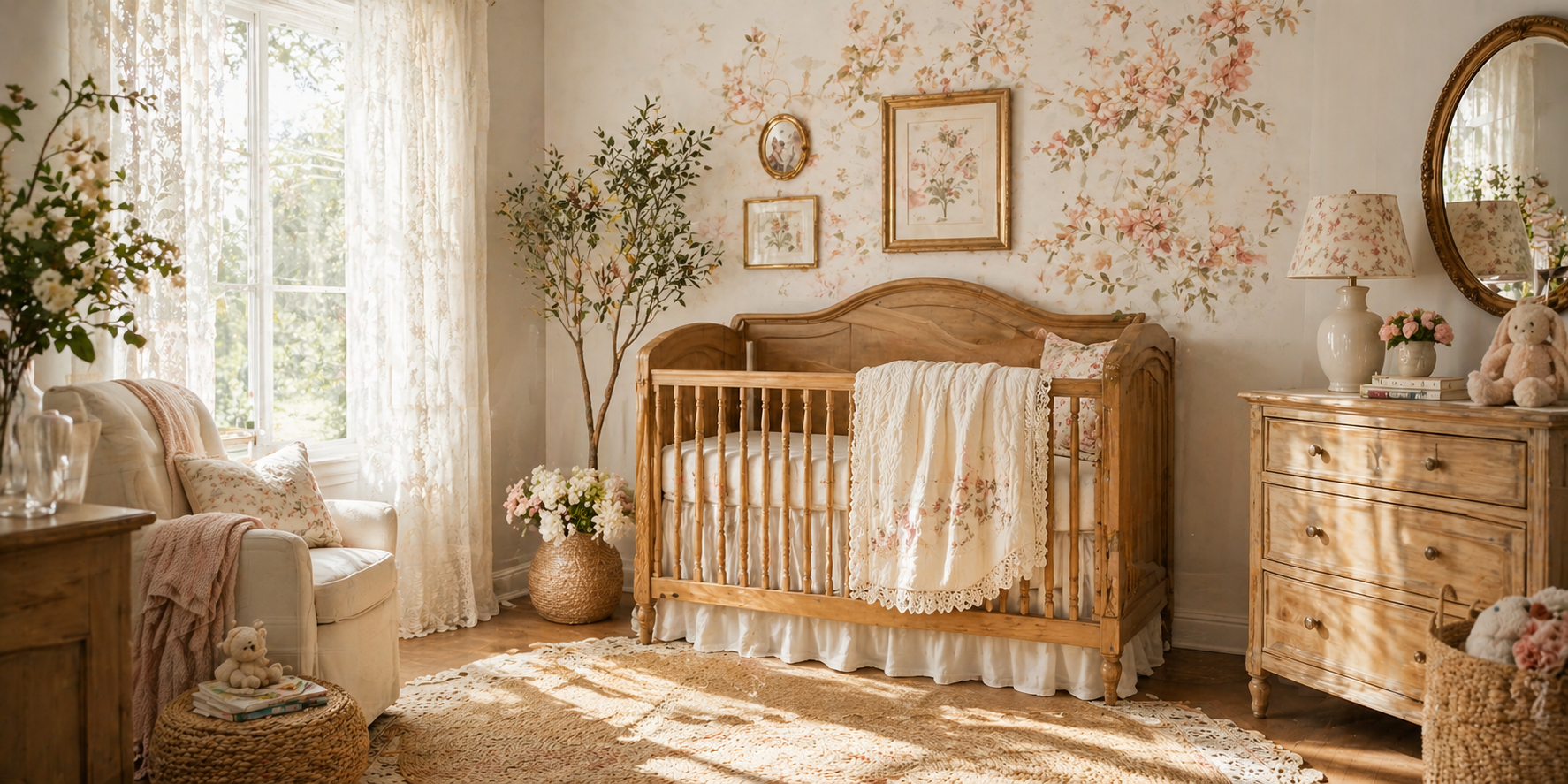 Nursery with lace curtains, vintage wood crib, floral decor, and woven rug, soft sunlight through window