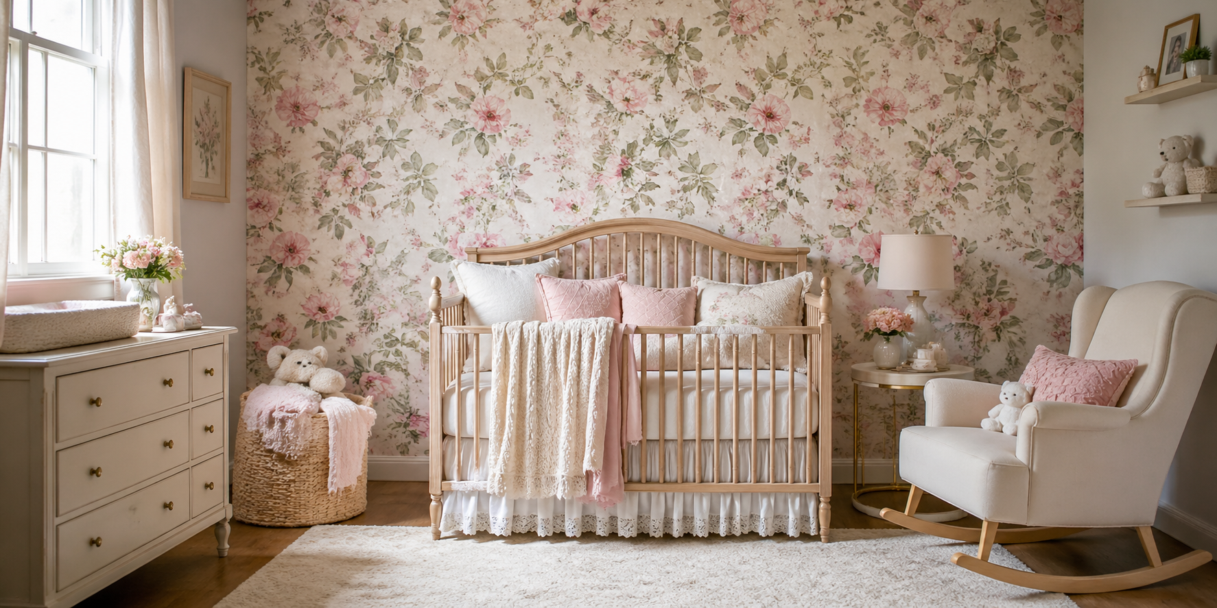 Crib with layered blankets and pillows in cotton and lace, floral wallpaper, and soft lighting