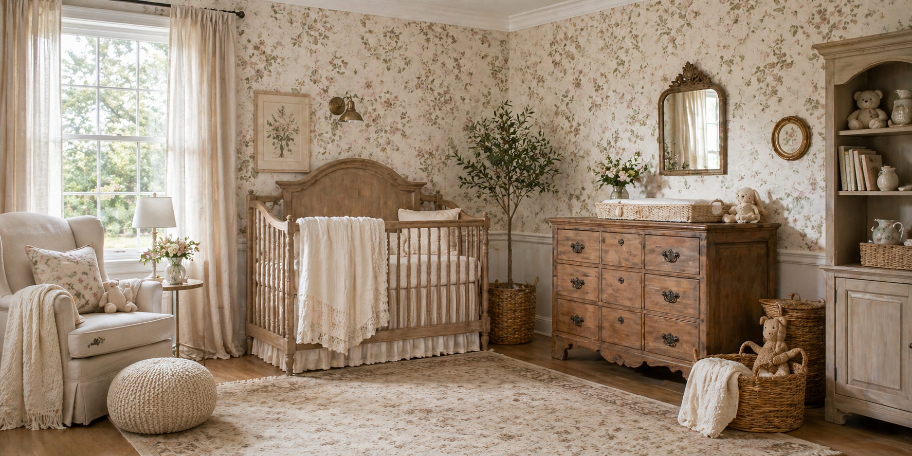 Nursery with antique wooden dresser, wicker storage baskets, floral decor, and linen textile