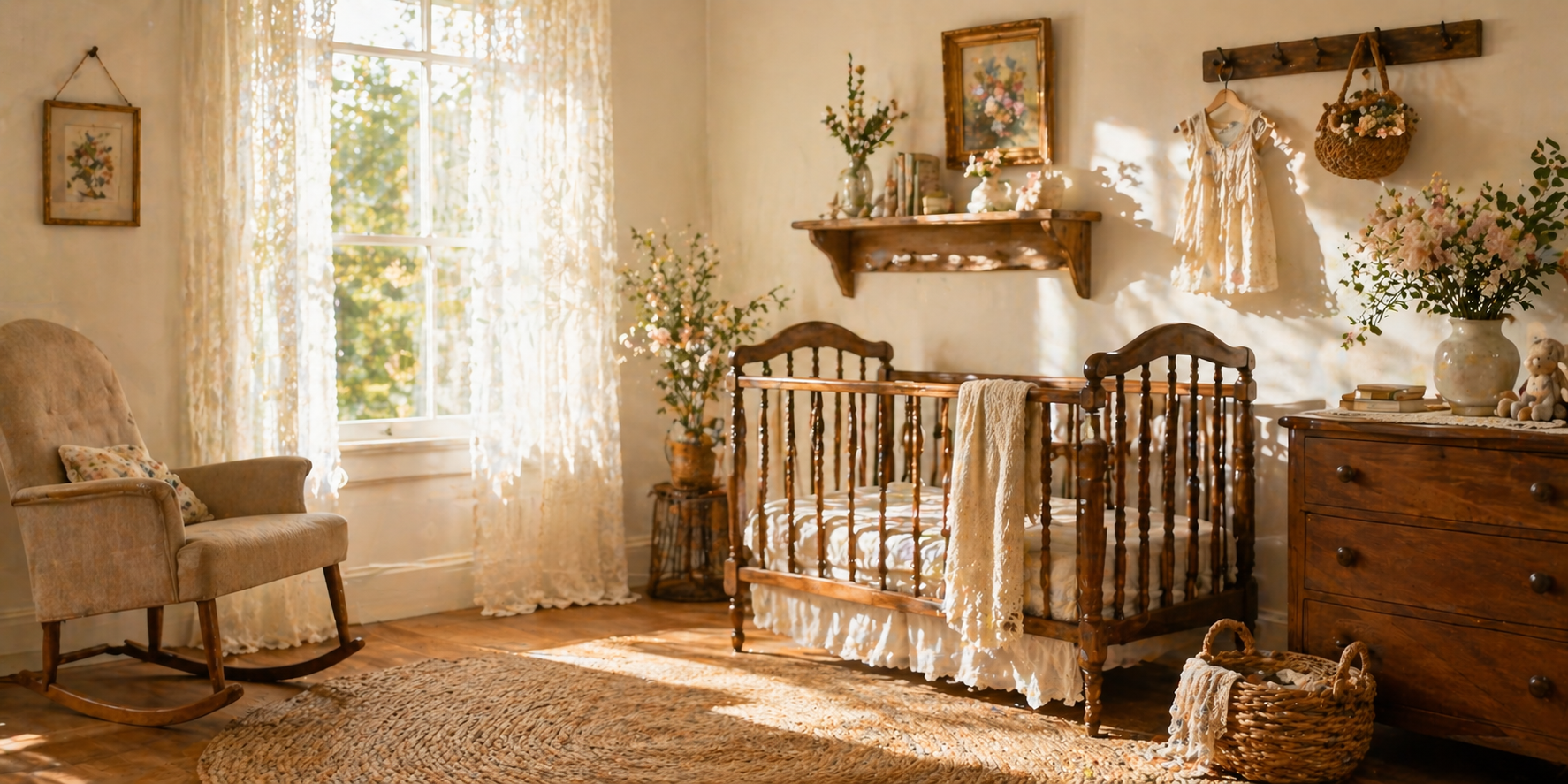 Nursery with rattan pendant light, lace curtains, soft pink walls, and wooden furniture, golden-hour lighting