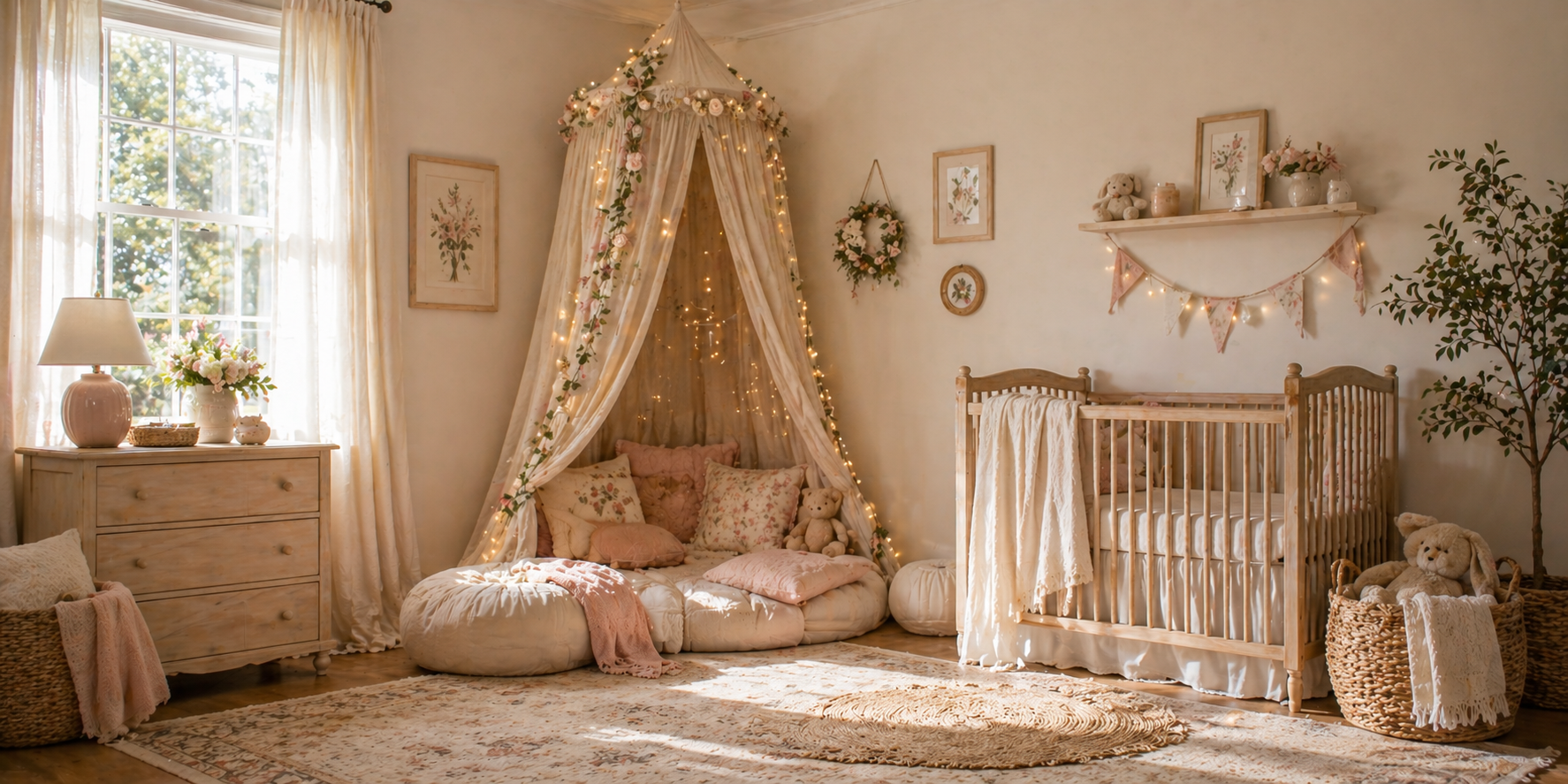 Nursery with linen canopy corner, floor cushions, fairy lights, and floral decor, soft morning light