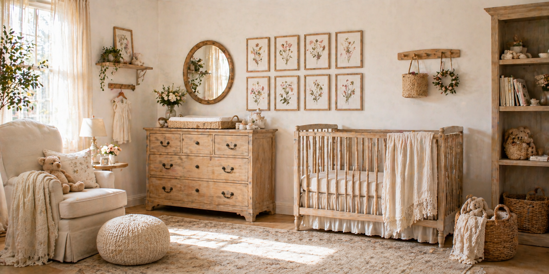 Nursery with framed pressed flowers on white wall, vintage dresser, and natural wood accents,