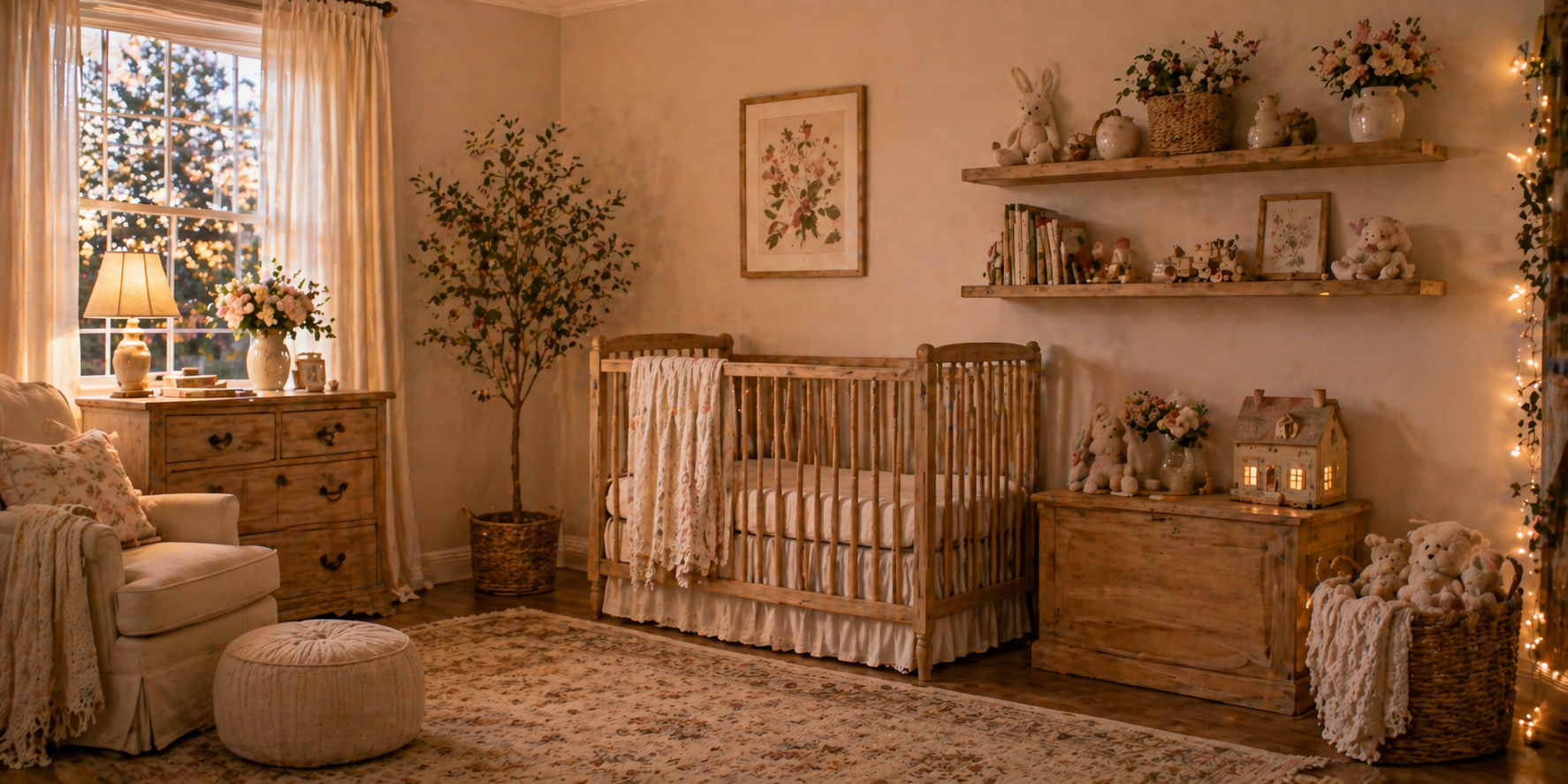 Nursery with wooden wall shelves, vintage books, ceramic toys, and floral accents, warm evening glow