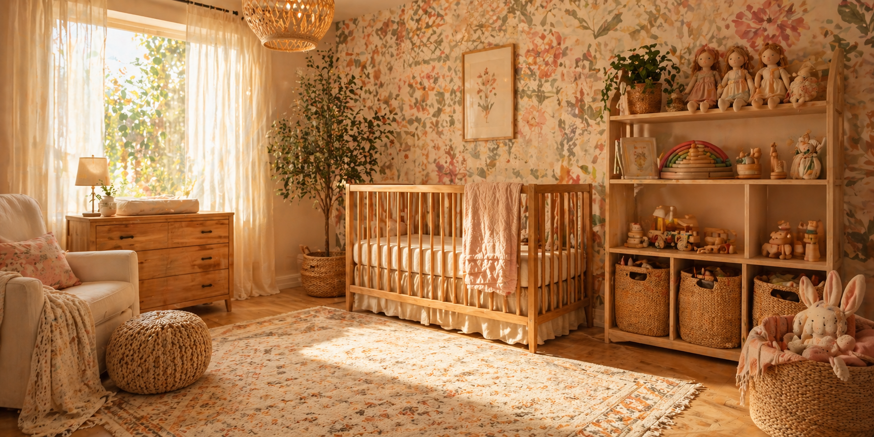 Nursery with wooden toys and cloth dolls on open shelf, rattan baskets, and floral backdrop