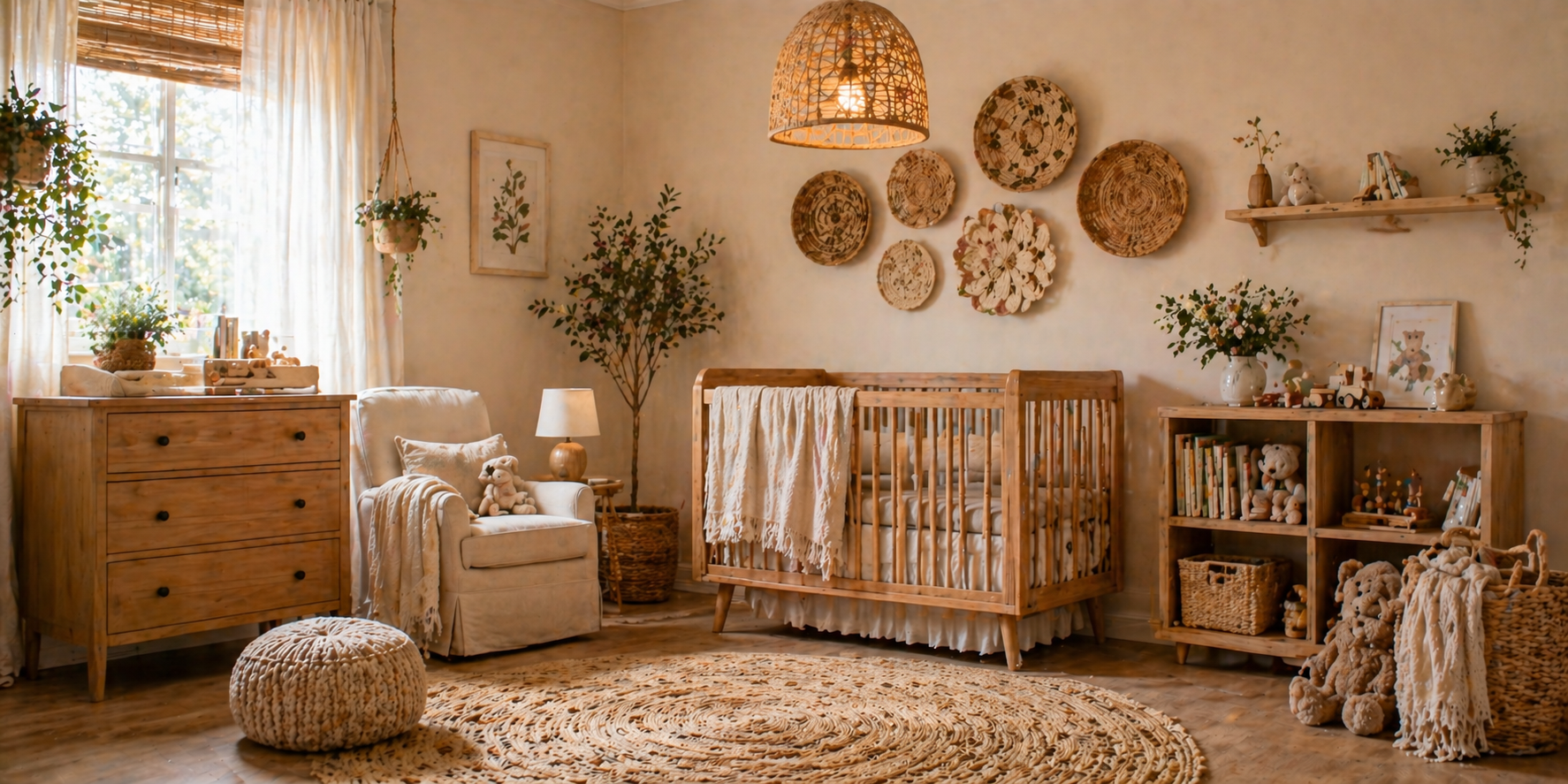 Nursery with felt leaf garland above crib, linen bedding, and wood accents, sunlight through window