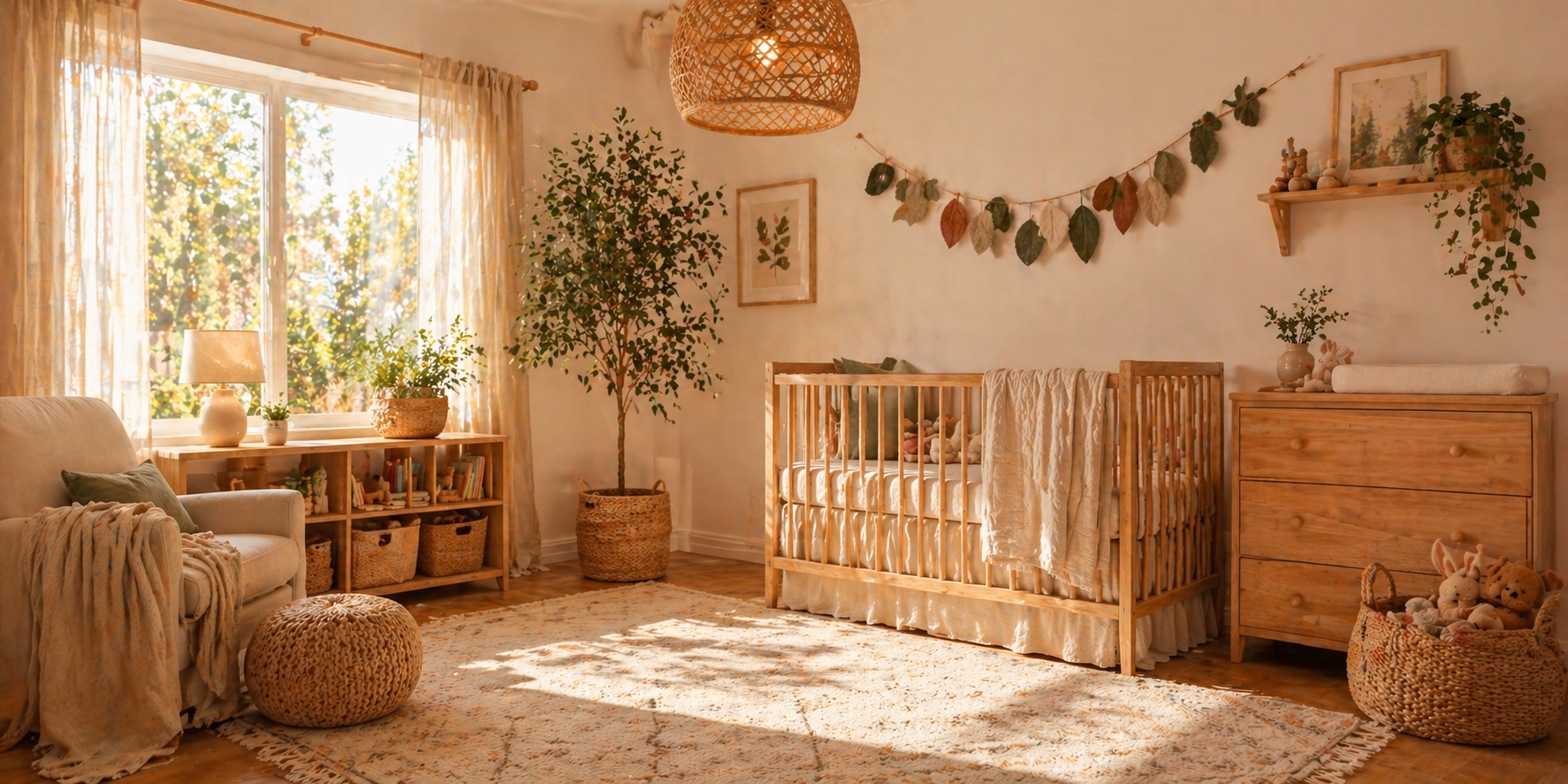 Nursery with felt leaf garland above crib, linen bedding, and wood accents, sunlight through window