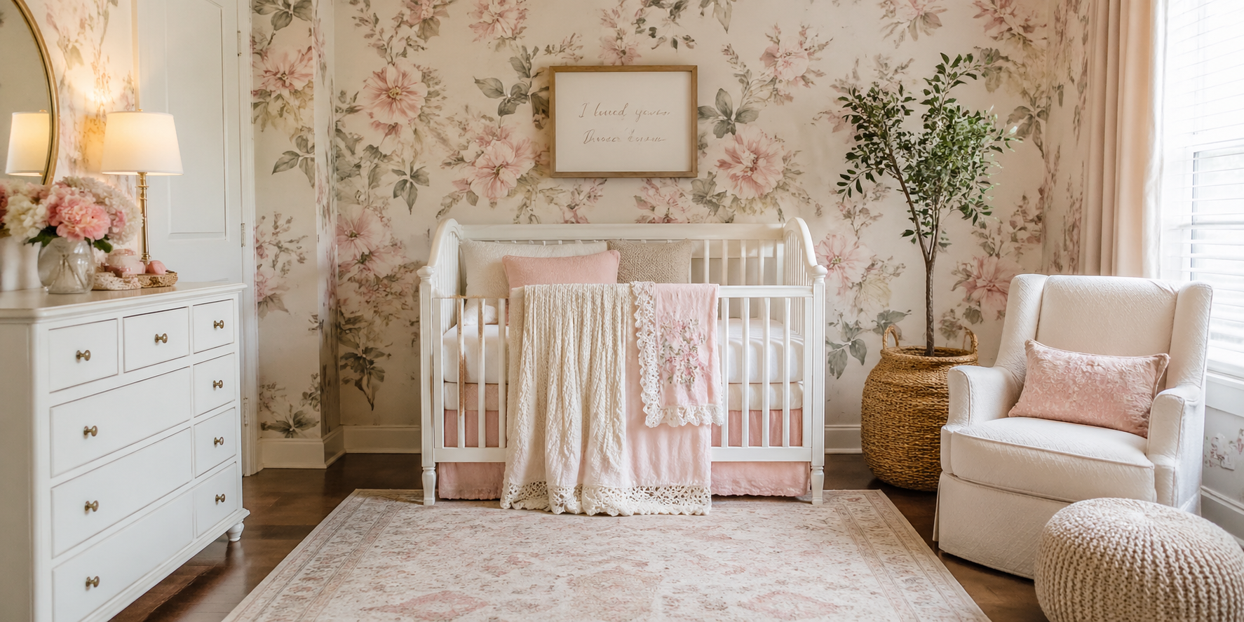 Nursery shelf with dried flowers, family photos, and handmade name sign, warm natural light