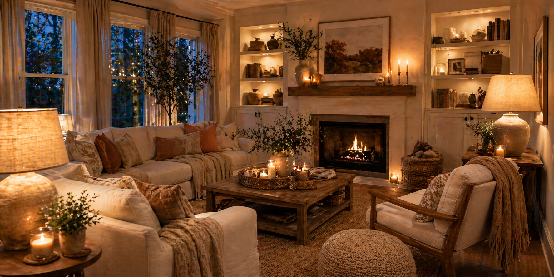 Living room with wooden furniture, jute rug, indoor plants, and woven decor, bathed in natural light