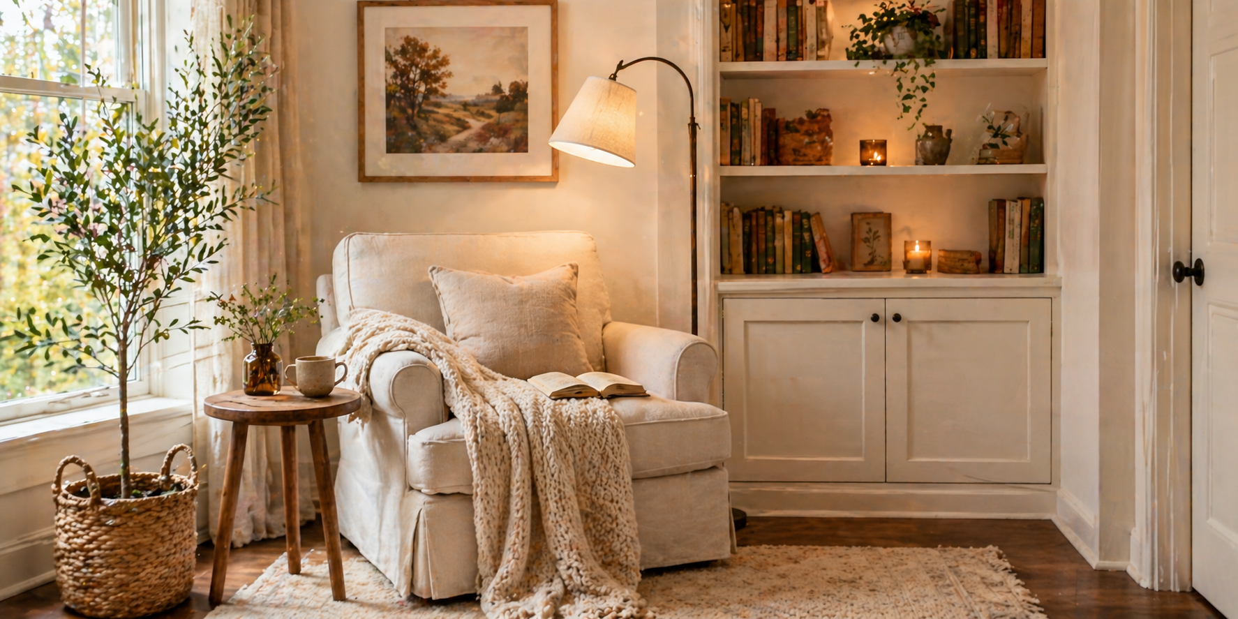 Reading nook with linen armchair, knitted blanket, wooden side table, and ambient floor lamp,