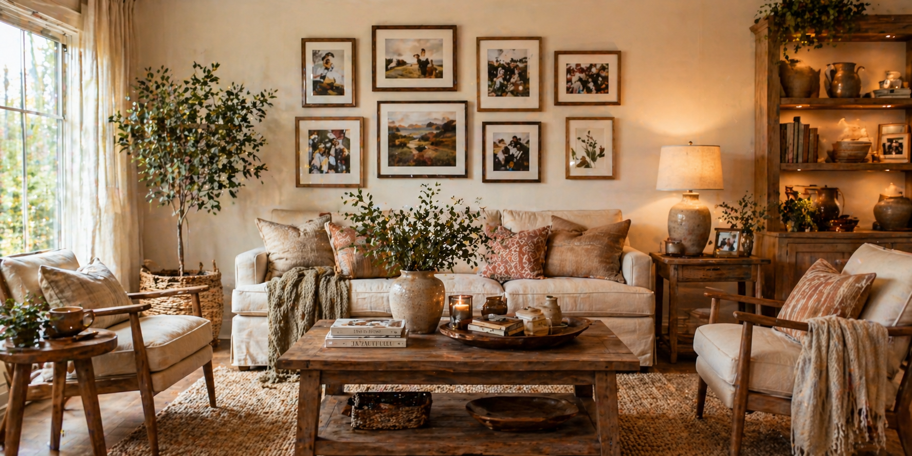 Living room with a gallery wall of family photos, handmade pottery, and cozy wooden furniture