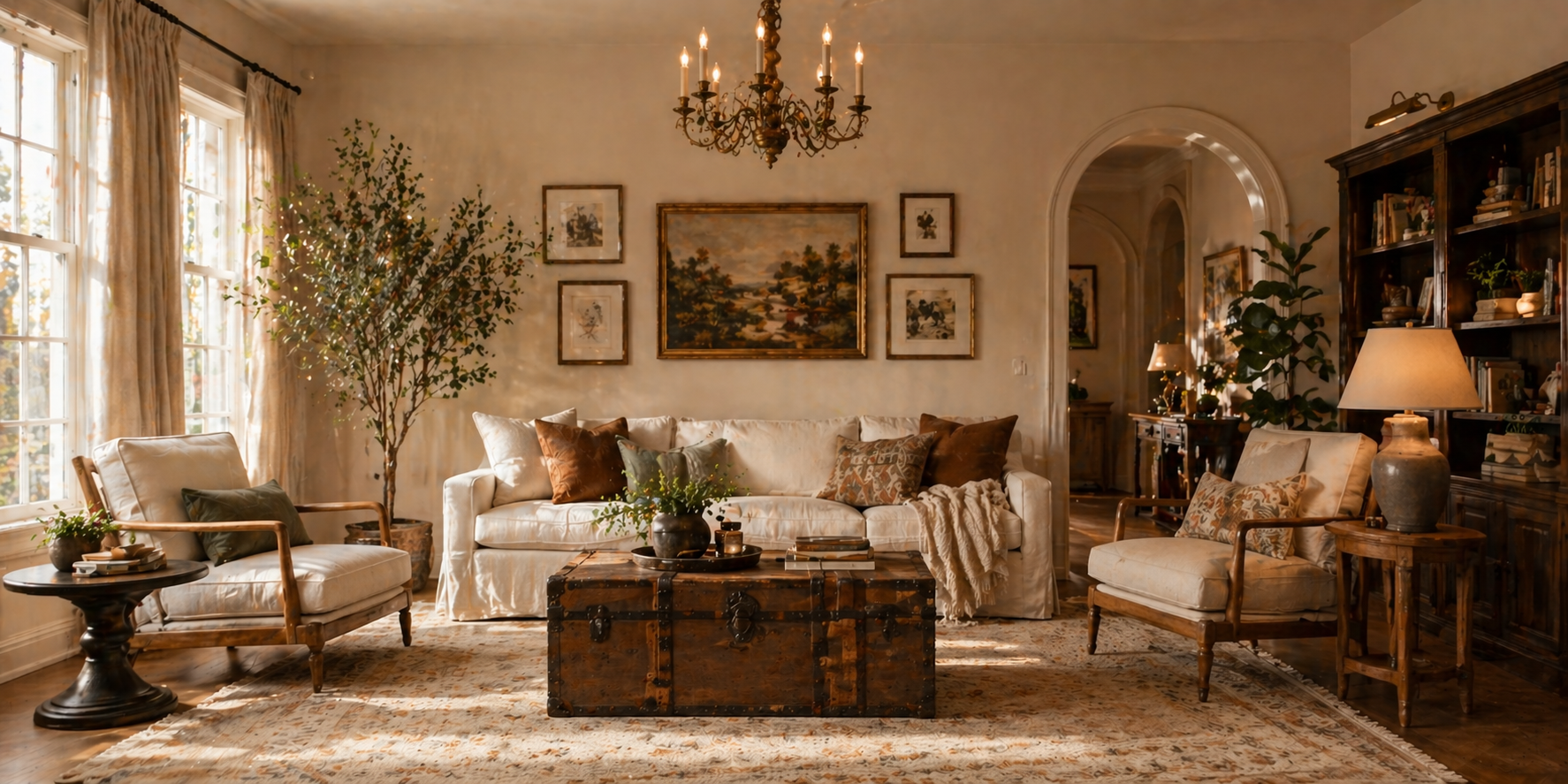 Living room with modern sofa, antique trunk coffee table, vintage lighting, and neutral tones