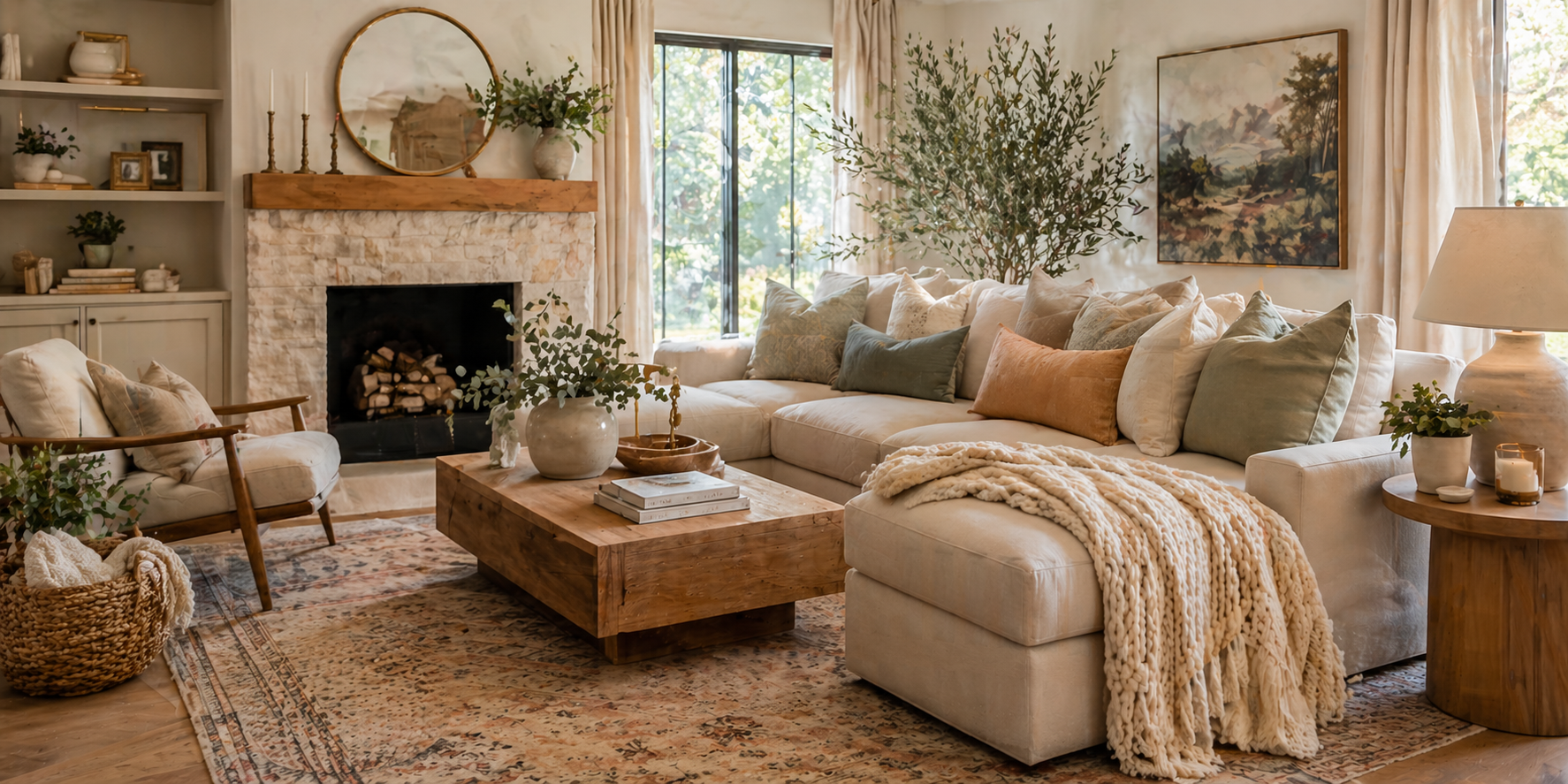 Living room with a sofa layered with oversized pillows, draped blanket, wooden coffee table, and soft lighting