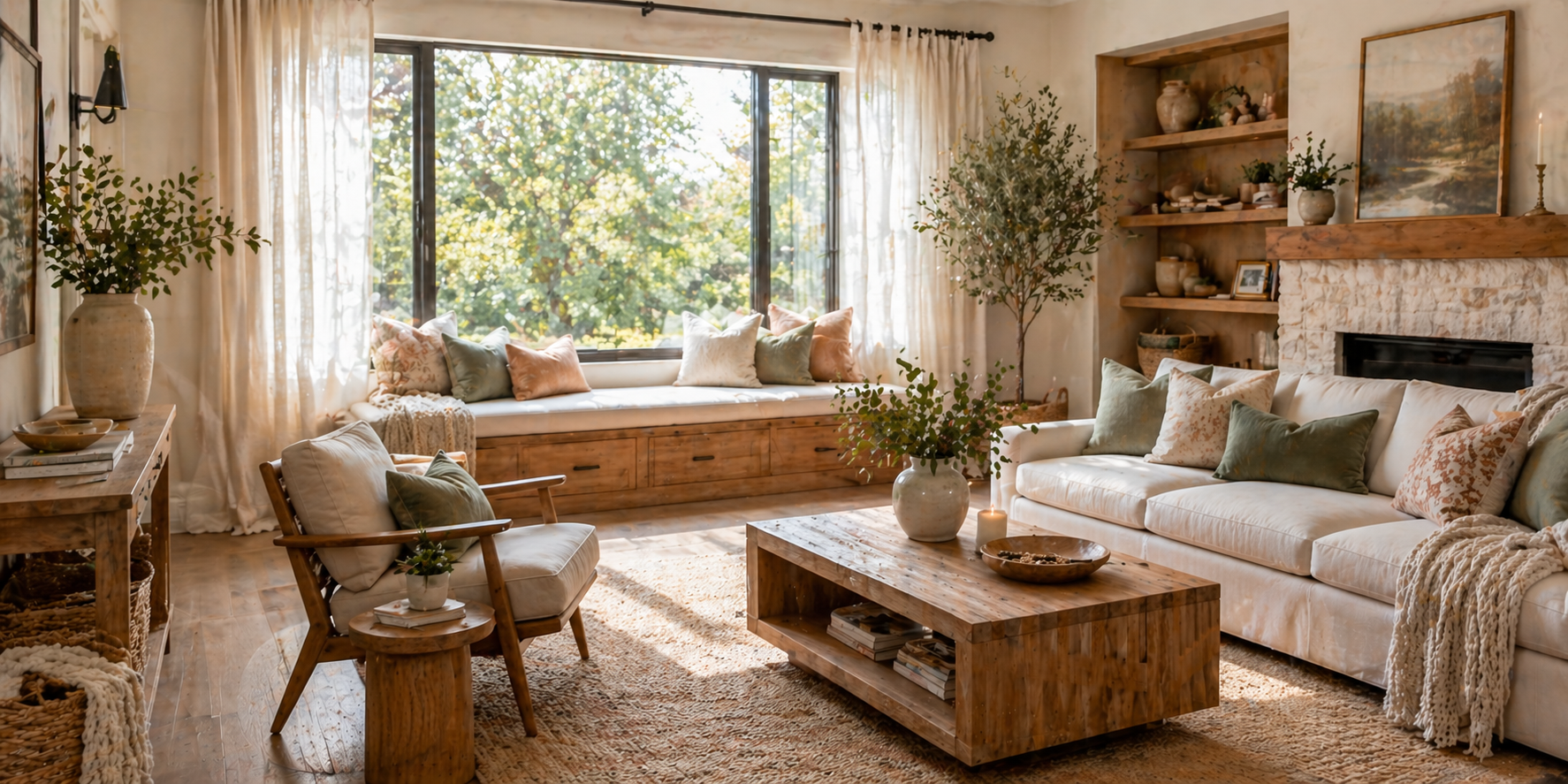 Living room with window seat full of cushions, linen curtains, and wooden details, bright natural light