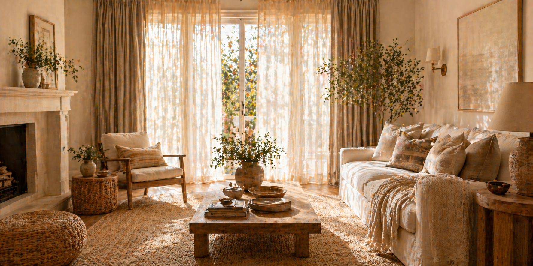 Living room with layered curtains, sunlight filtering through linen fabric, soft textures and neutral tones